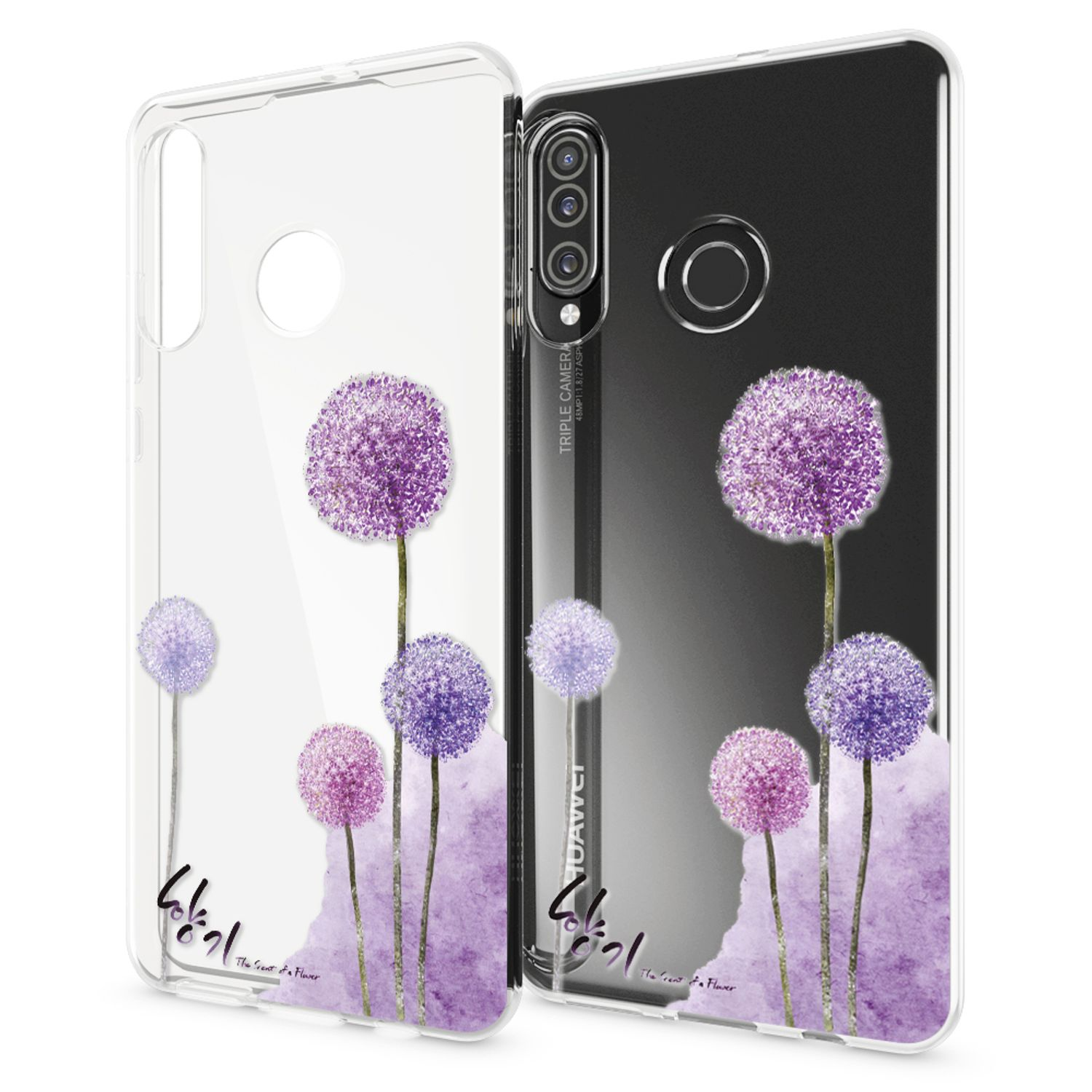 Custodia trasparente per telefono con disegno floreale viola e rosa. Il retro mostra una fotocamera.