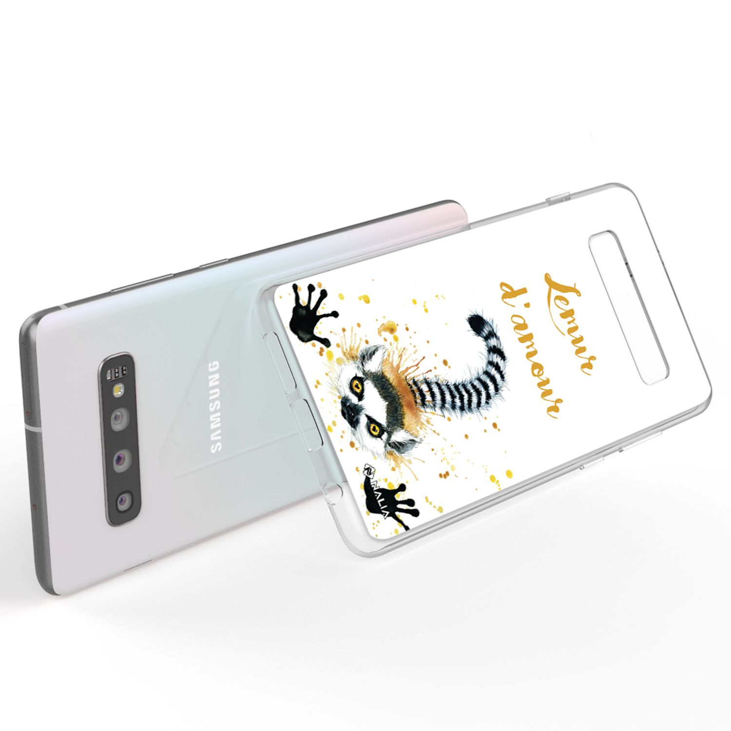 Ein weißes Samsung-Handy mit einer transparenten Hülle, die einen Lemur zeigt.