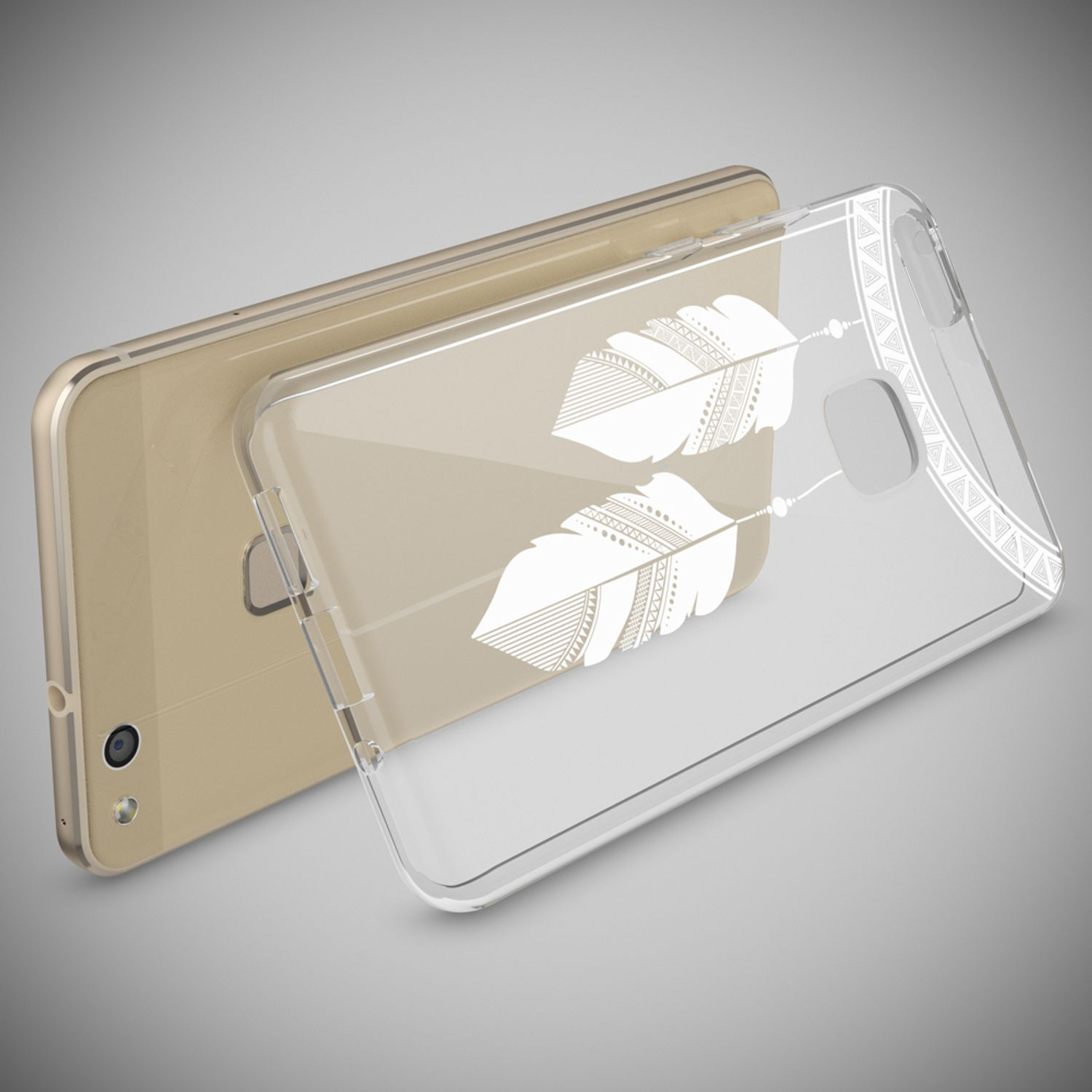 Ein transparentes Handyhülle mit Federn und geometrischen Mustern auf einem goldenen Handy.