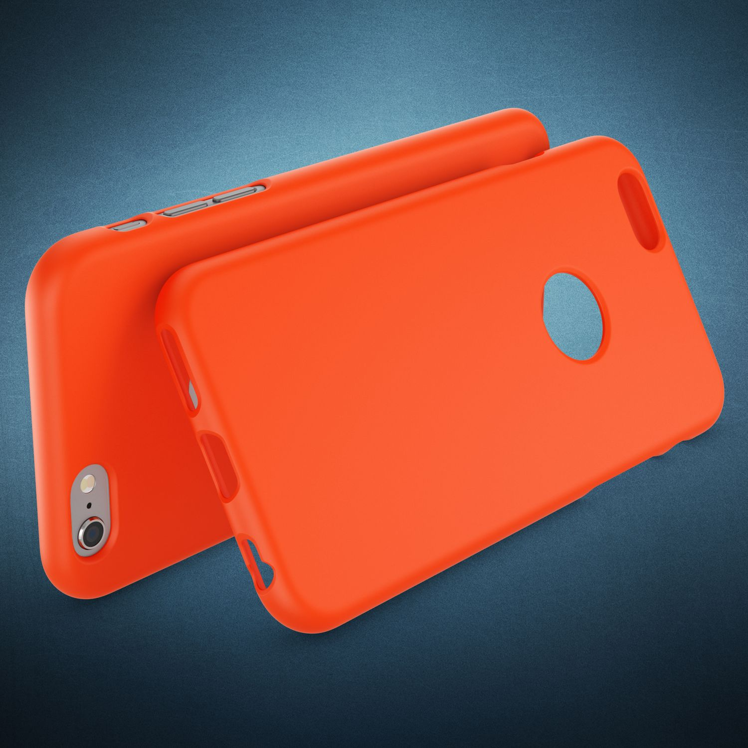 Zwei leuchtend orangefarbene Handyhüllen liegen nebeneinander auf einem dunkelblauen Hintergrund.