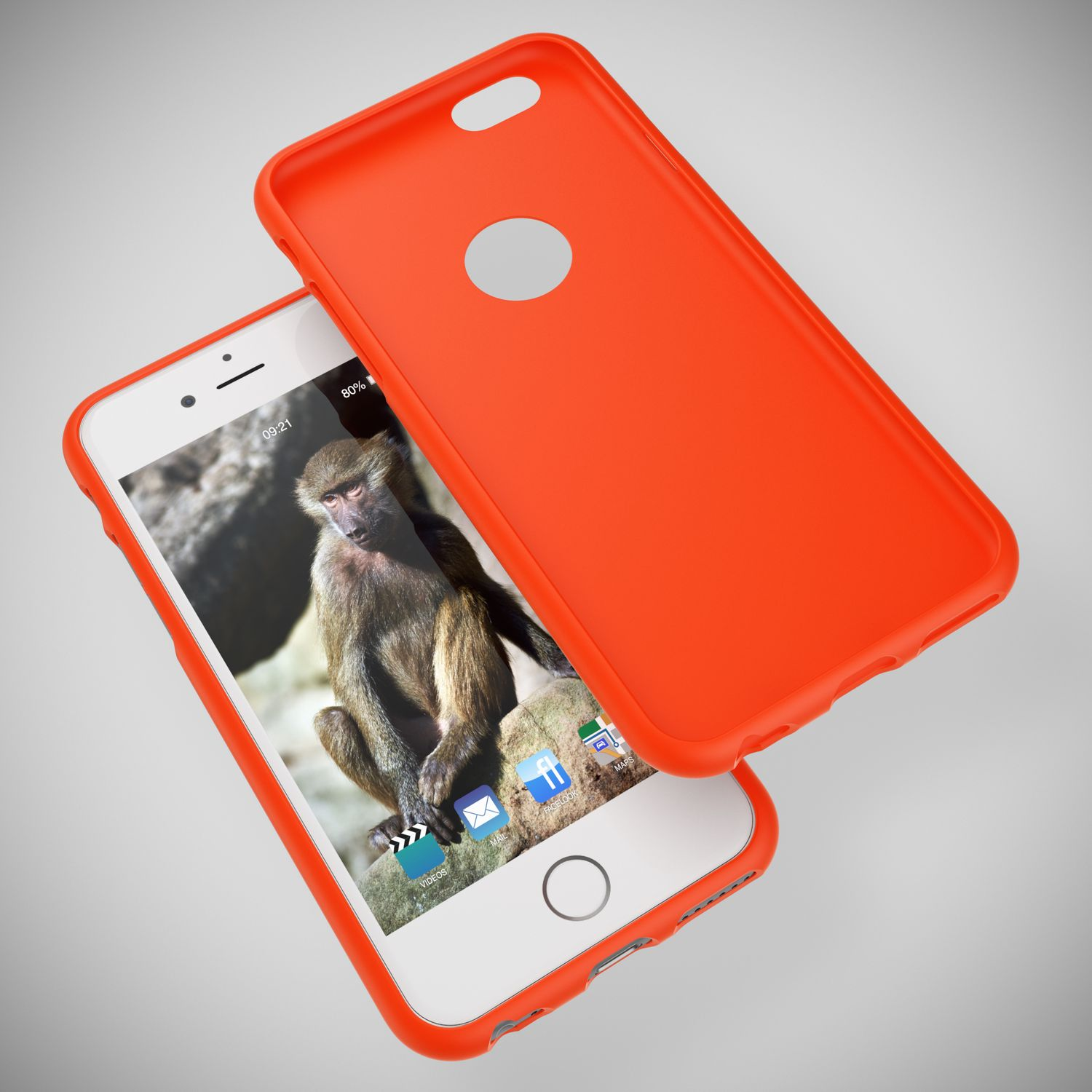 Ein orangefarbenes iPhone-Case liegt neben einem iPhone mit Affenbildschirm.