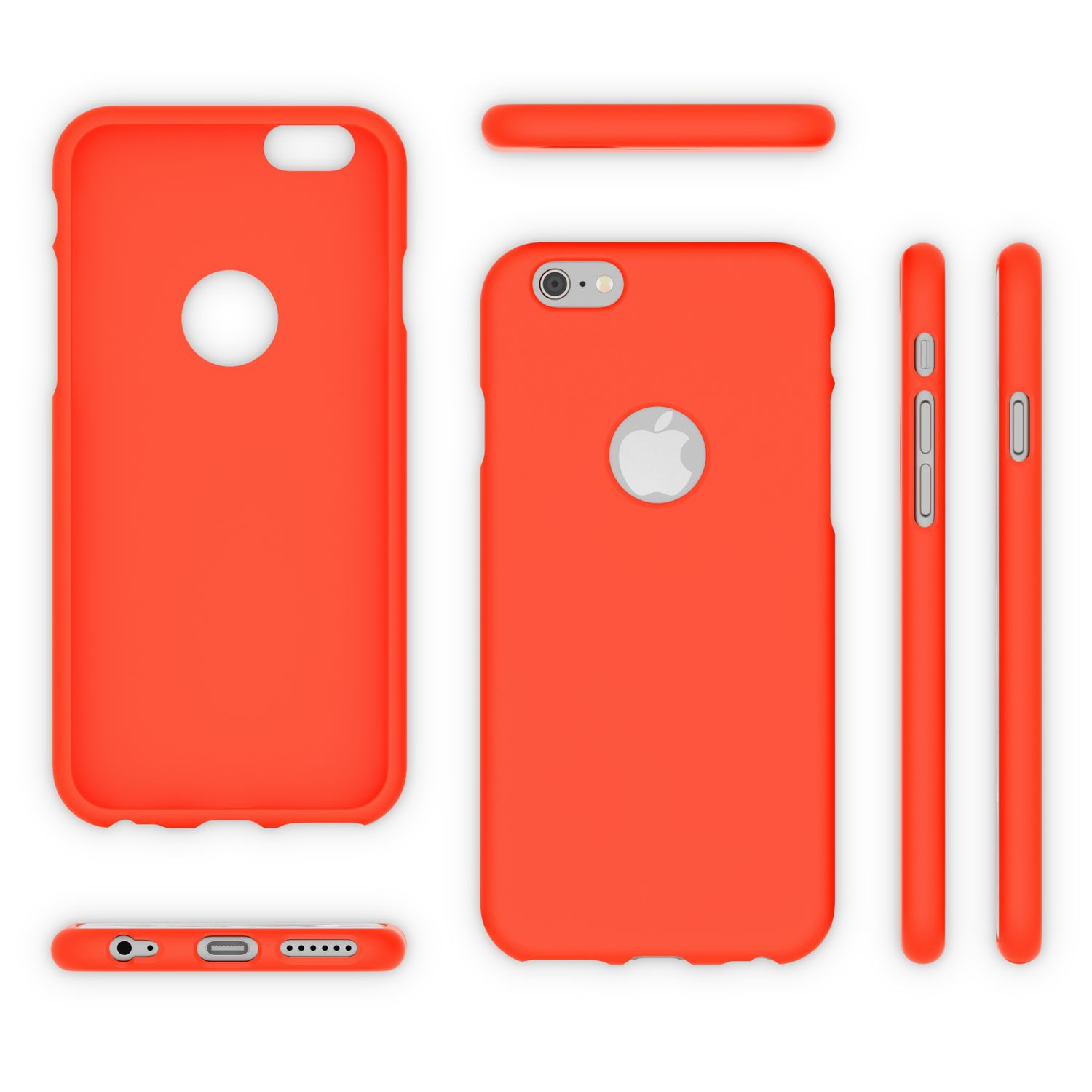 Ein orangefarbenes iPhone-Gehäuse in verschiedenen Ansichten, auf weißem Hintergrund.