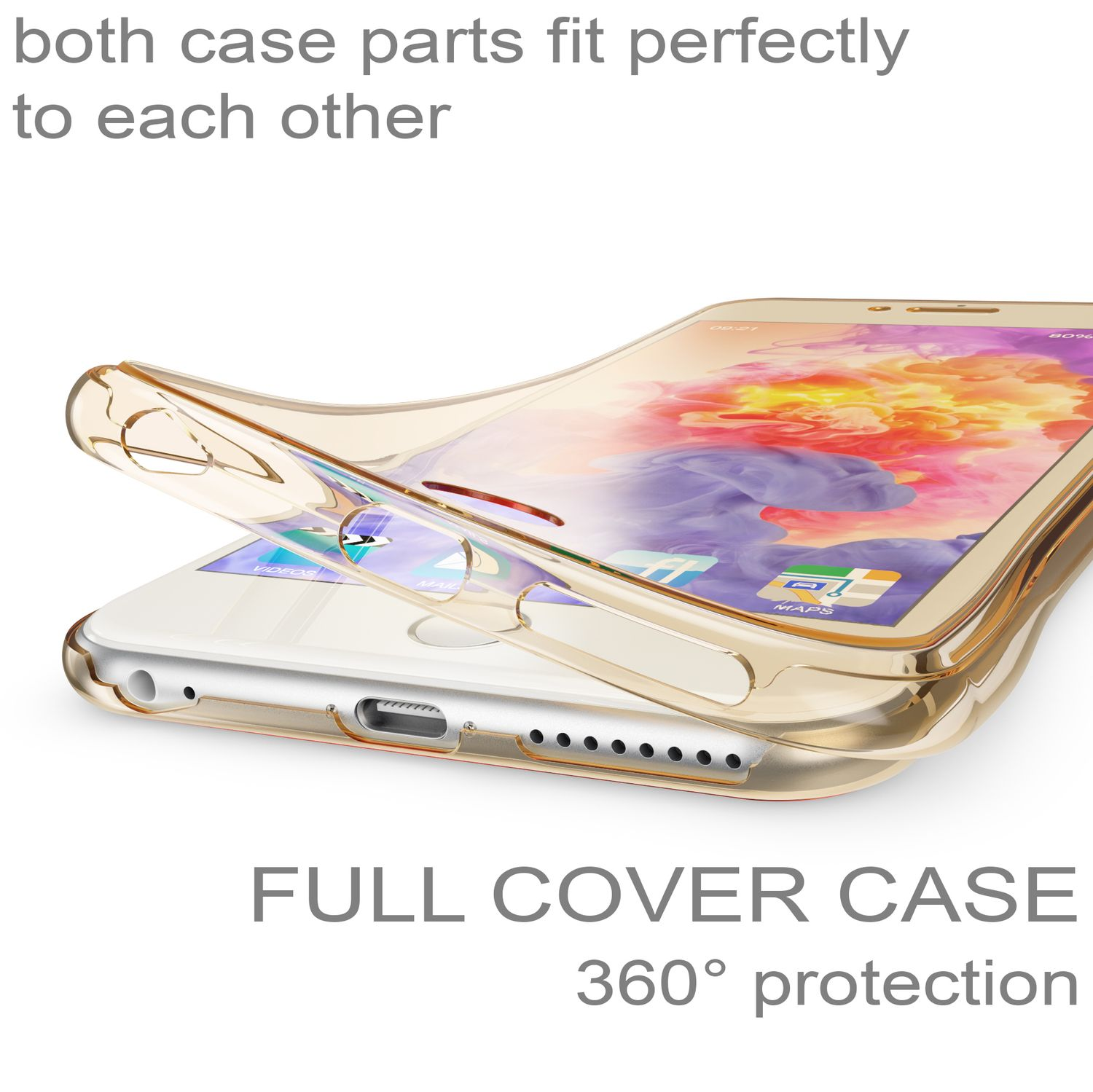 Durchsichtige Handyhülle passt perfekt auf ein goldfarbenes Smartphone.