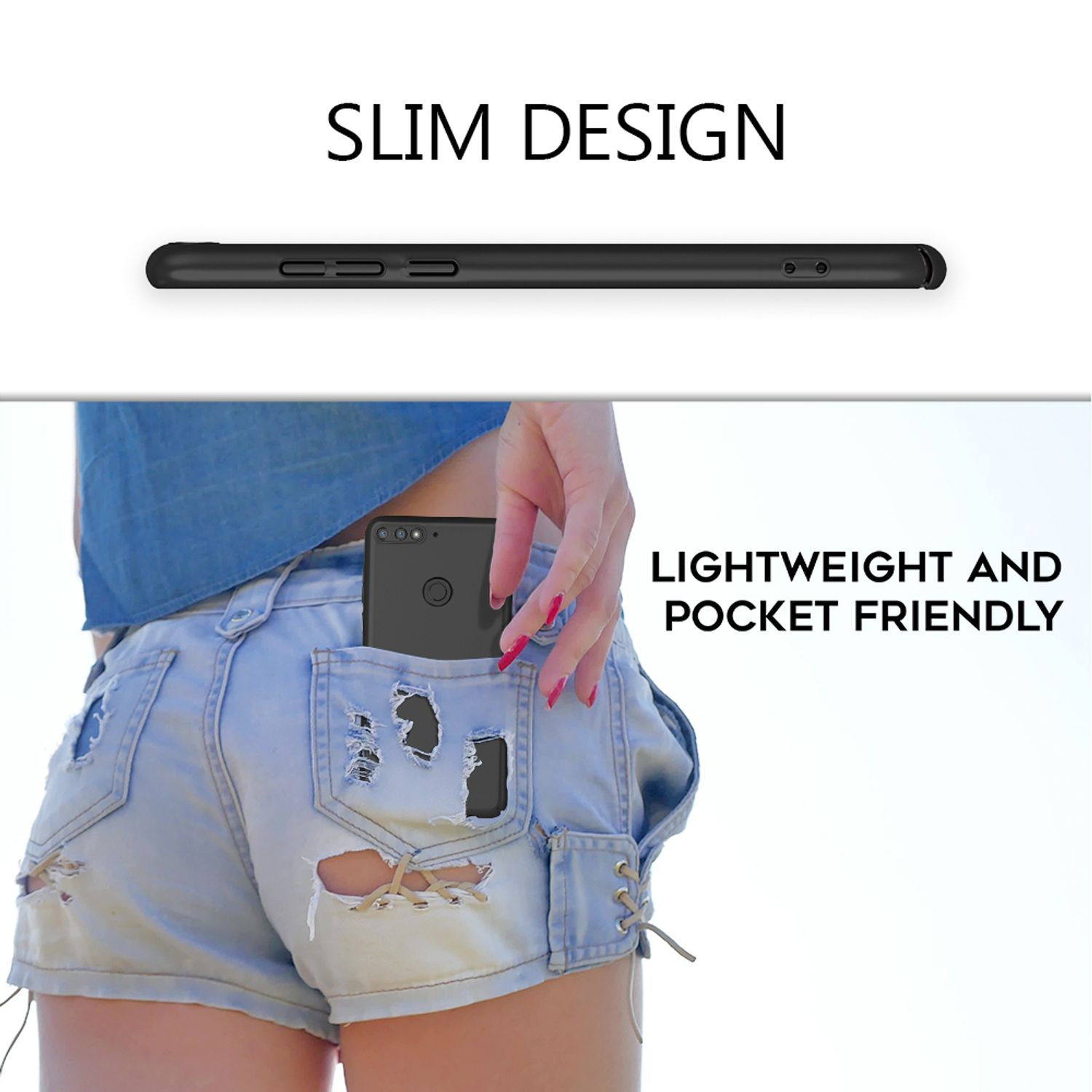 Schlankes schwarzes Handy in einer zerrissenen Jeans-Shortstasche.