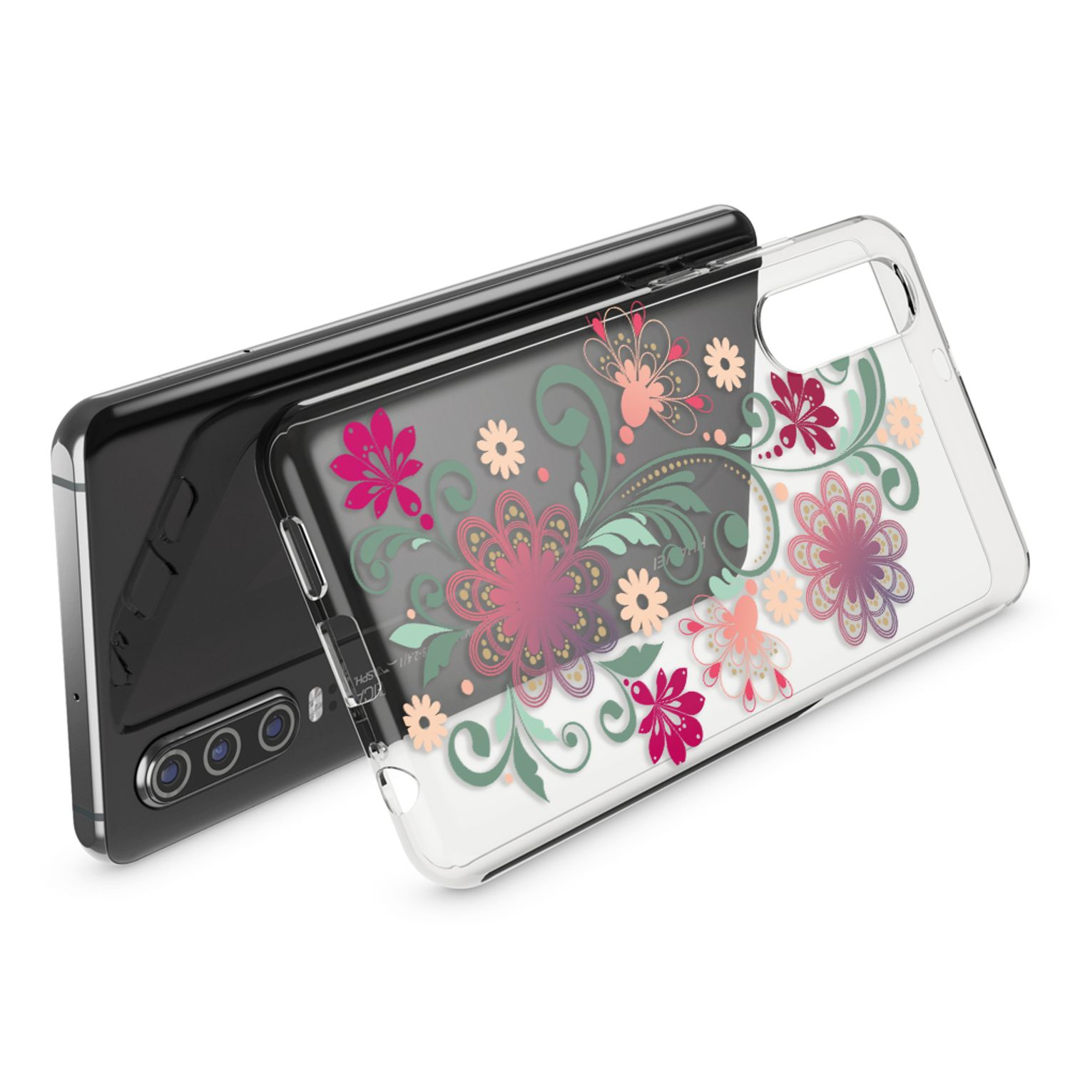 Ein schwarzes Smartphone mit einer durchsichtigen Hülle mit Blumenmuster.