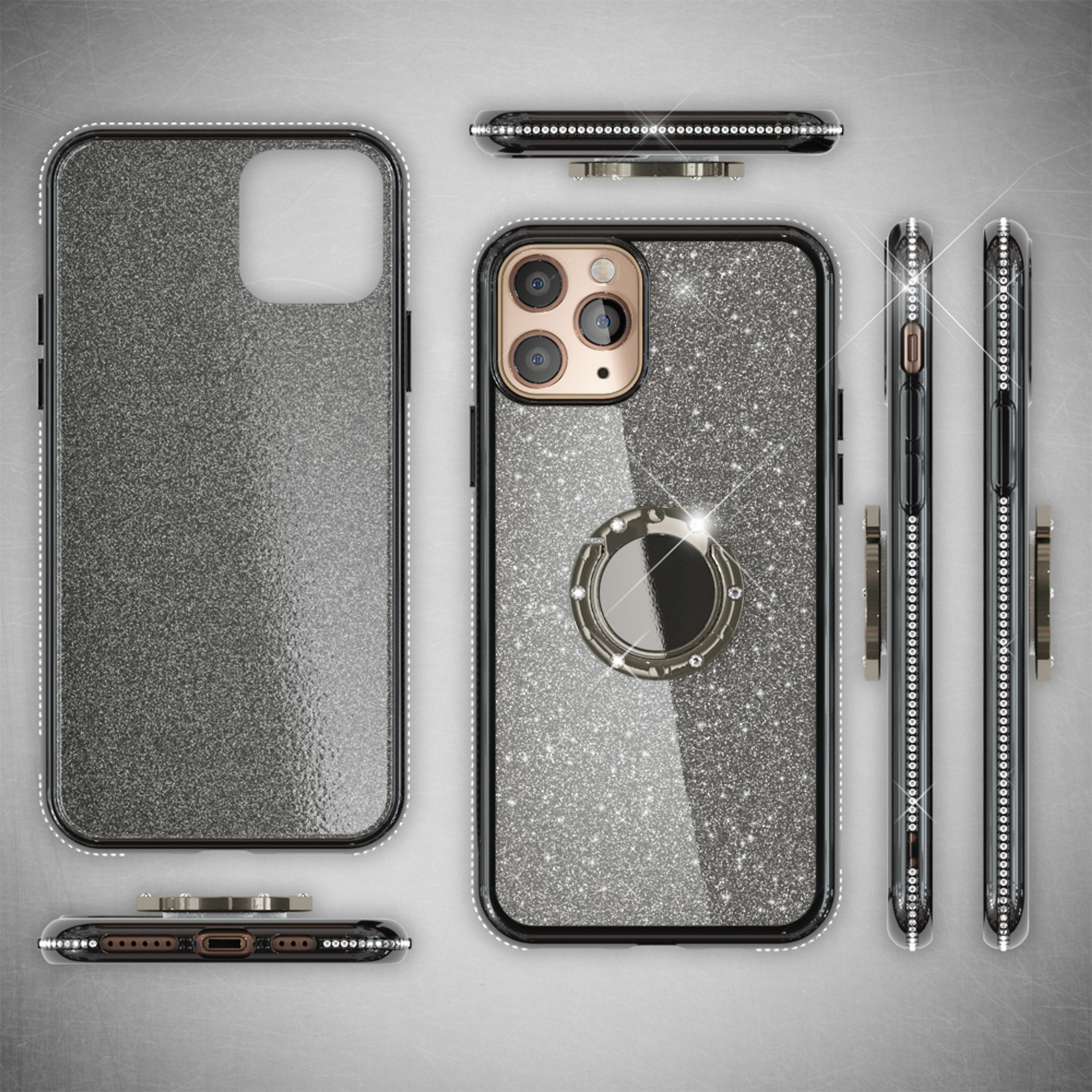 Eine glitzernde silberne iPhone-Hülle mit Ringhalter wird aus mehreren Blickwinkeln gezeigt.