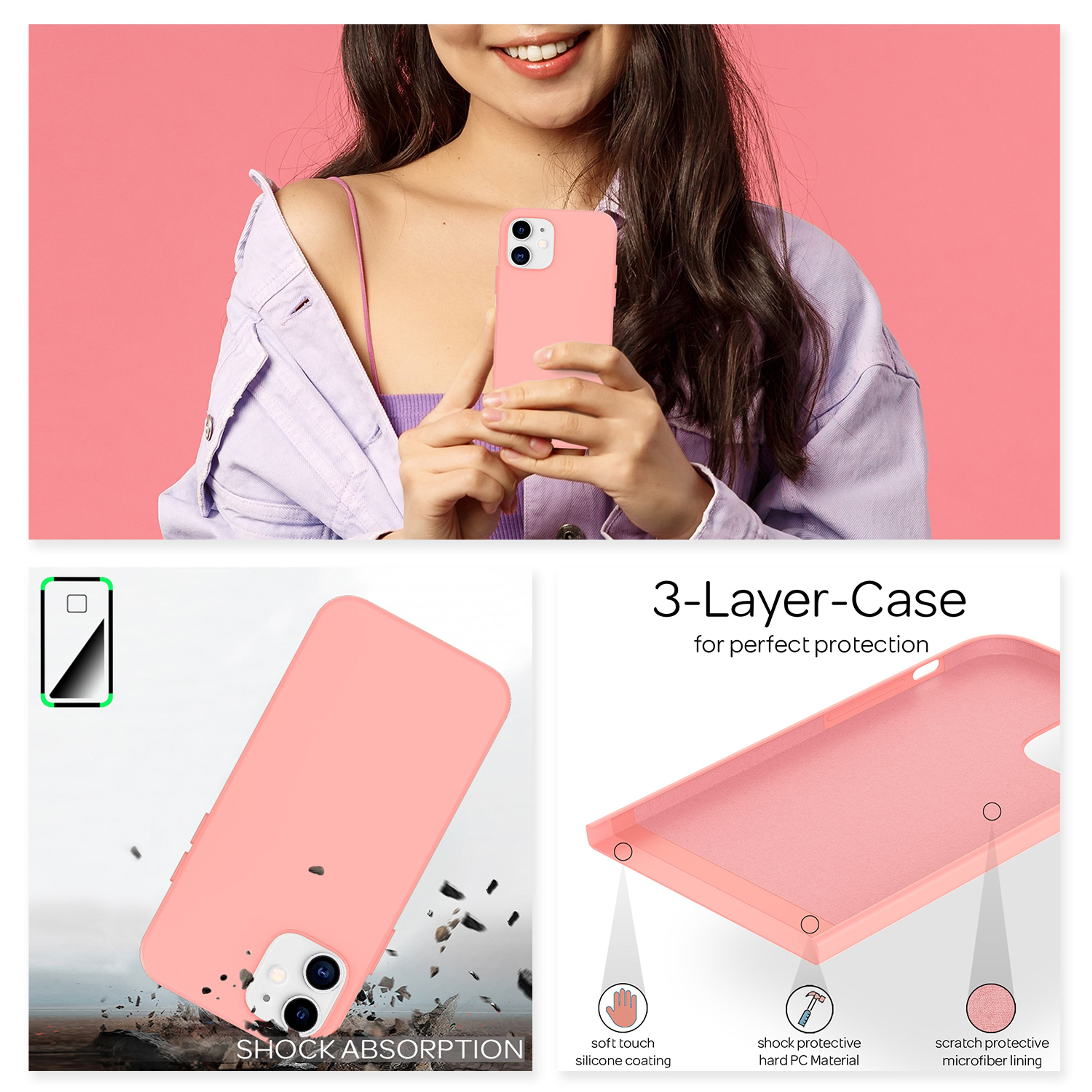 Frau hält ein rosafarbenes Handy mit einer Hülle; Nahaufnahme des Hüllen-Designs.