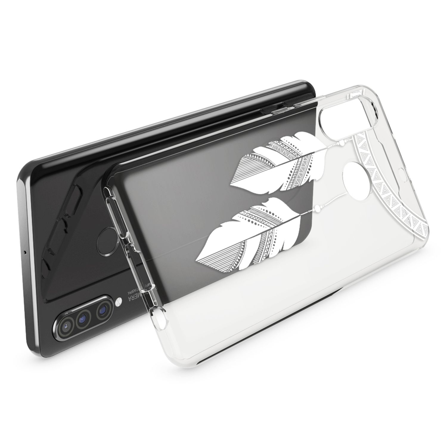 Uno smartphone nero con cover trasparente a tema piume.