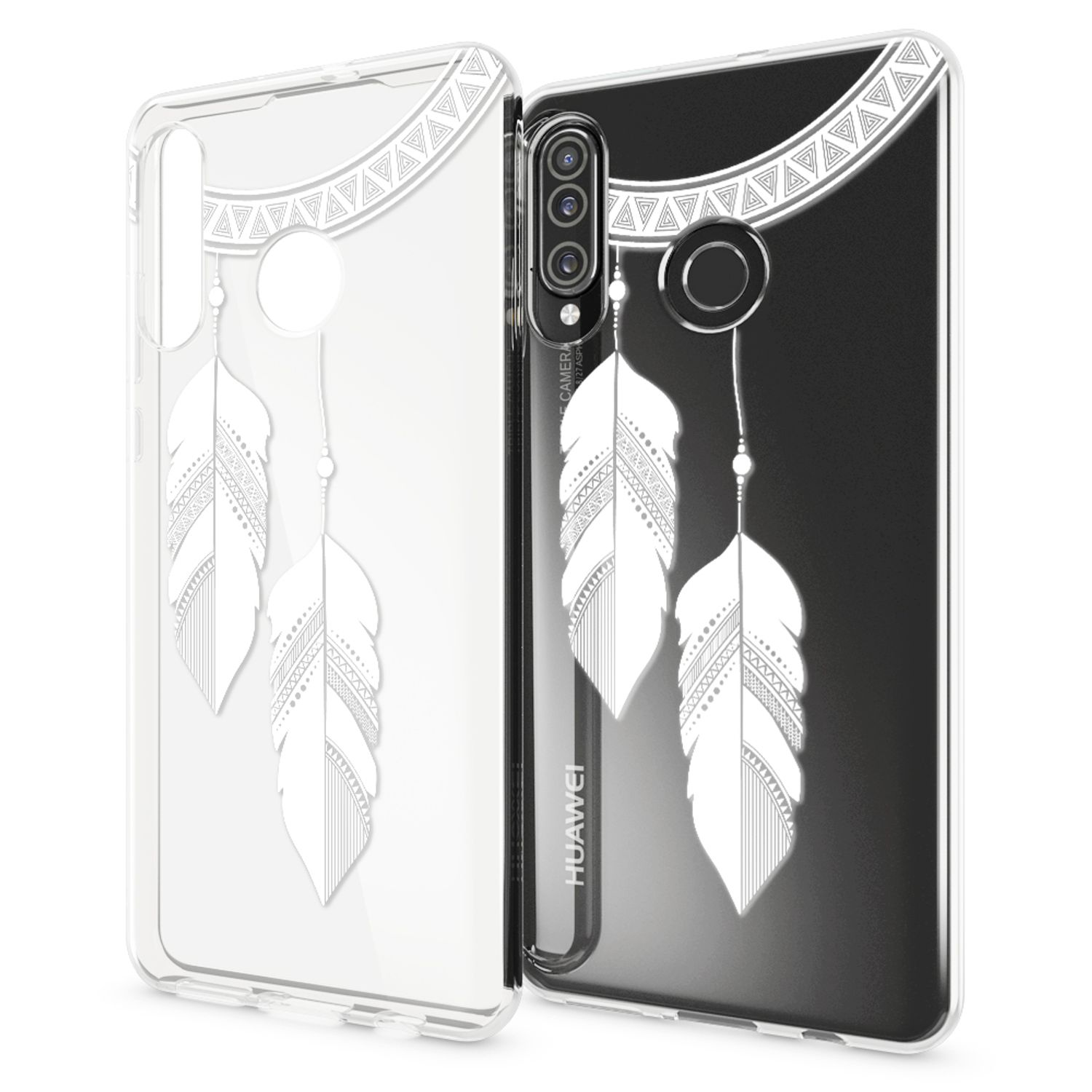 Una cover trasparente per un telefono Huawei con design a piume.