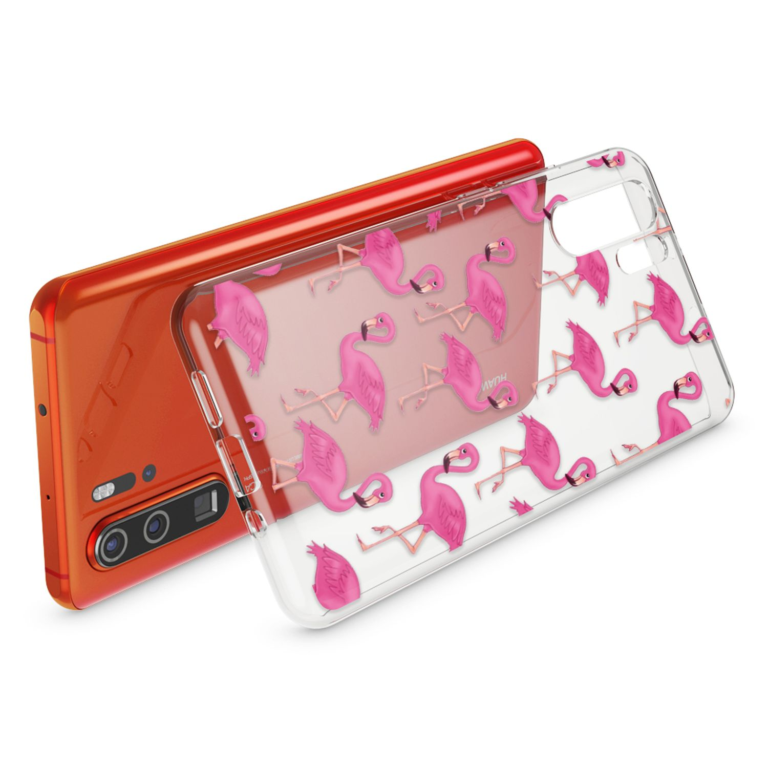 Ein orangefarbenes Smartphone mit einer durchsichtigen Hülle mit Flamingodruck.