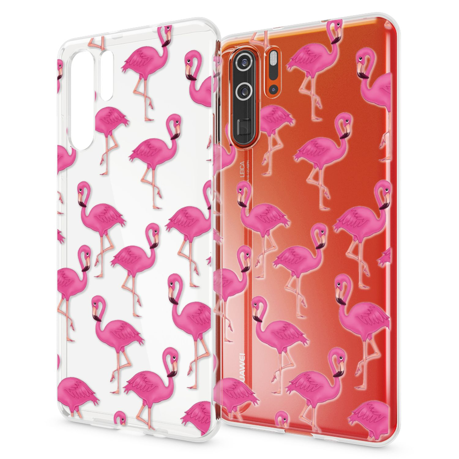 Zwei Handyhüllen mit rosa Flamingos: eine klar, eine rot.