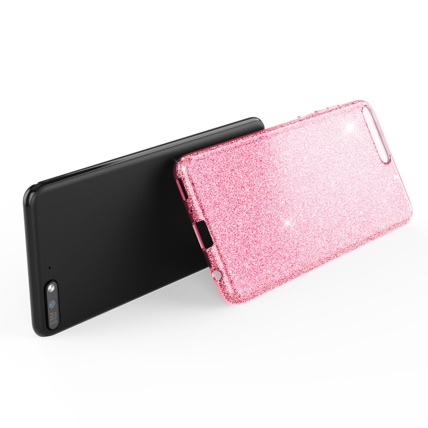 Ein schwarzes Smartphone mit einer glitzernden rosa Hülle daneben.