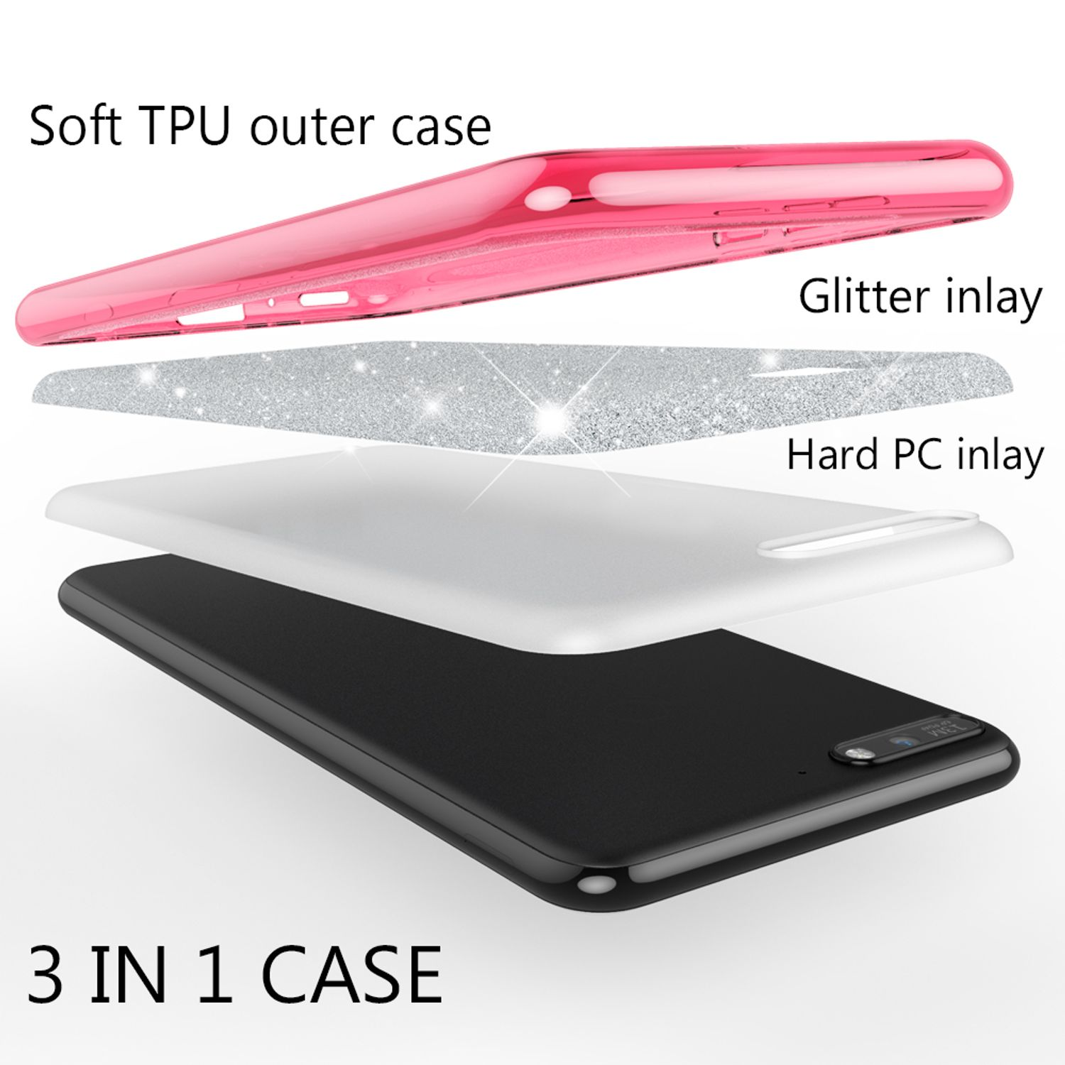 Schichtaufbau einer Handyhülle: Rosa TPU, Glitzer und schwarzes PC-Inlay.