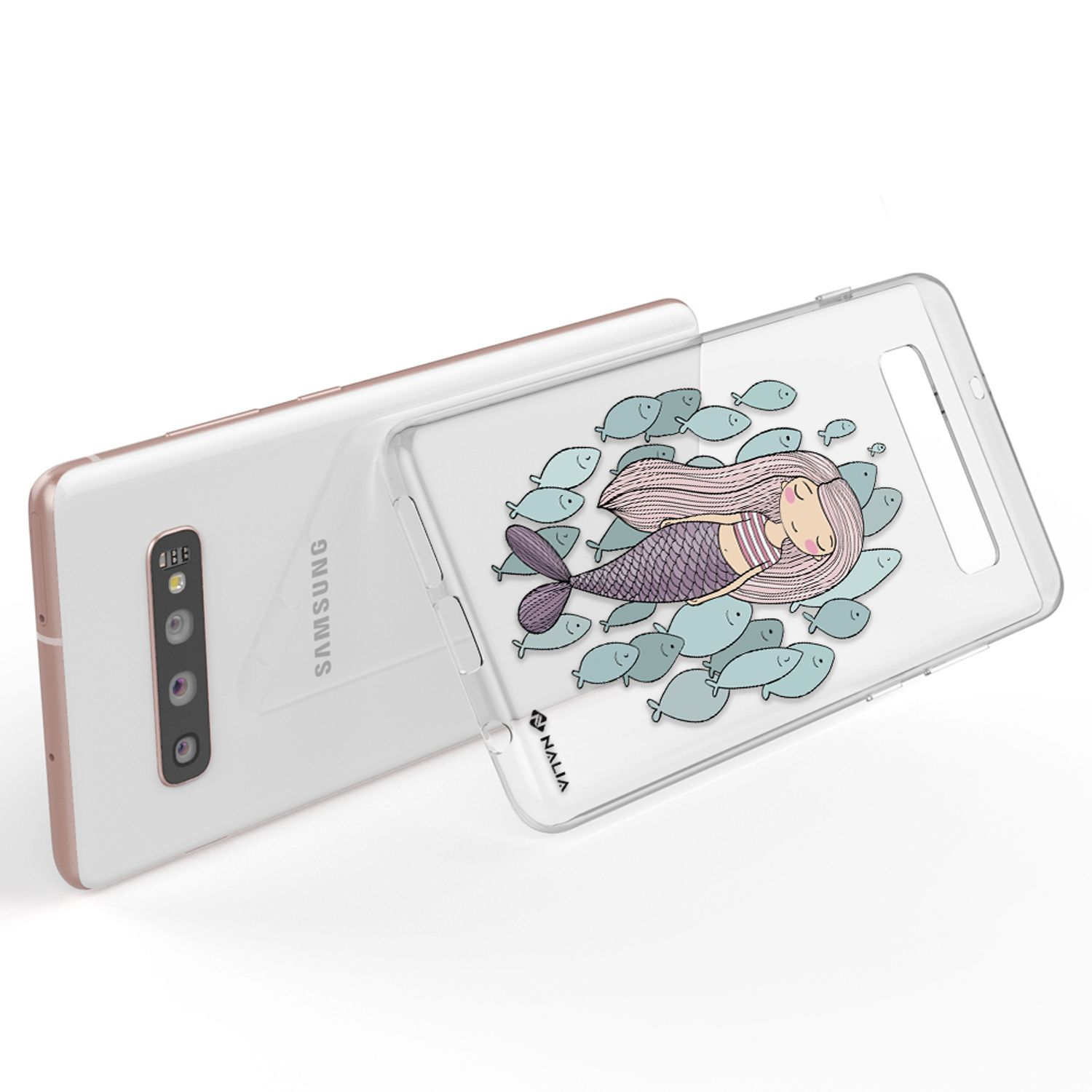 Ein transparenter Handyhülle mit Meerjungfrau und Fischen. Weiße Rückseite mit Samsung-Logo.