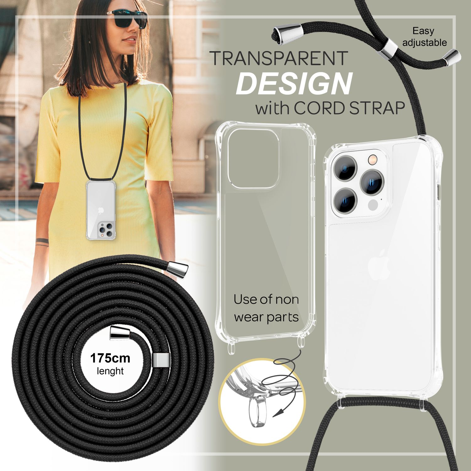 Transparente Handyhülle mit verstellbarem schwarzem Band und 175cm Länge.