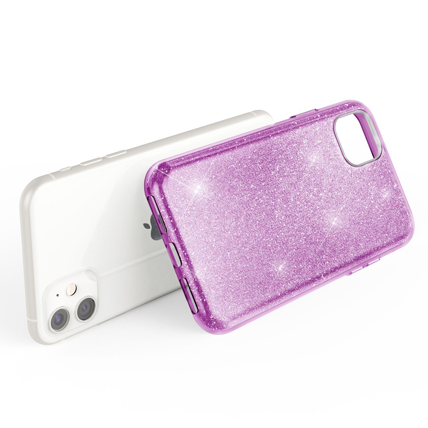 Una cover viola glitterata poggia accanto a un telefono bianco.