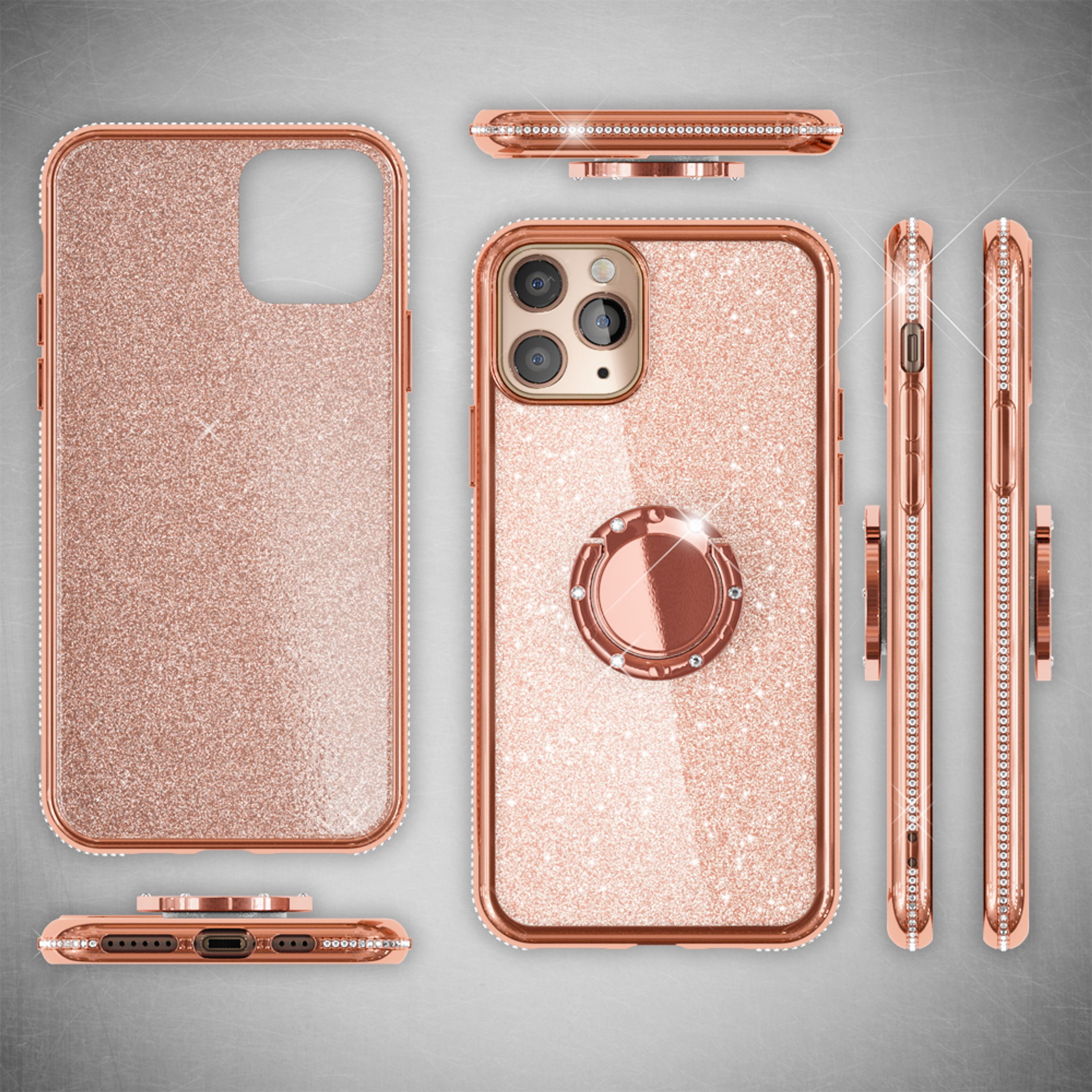 Roségoldene Handyhülle mit Glitzer, Diamanten und Ringhalterung.