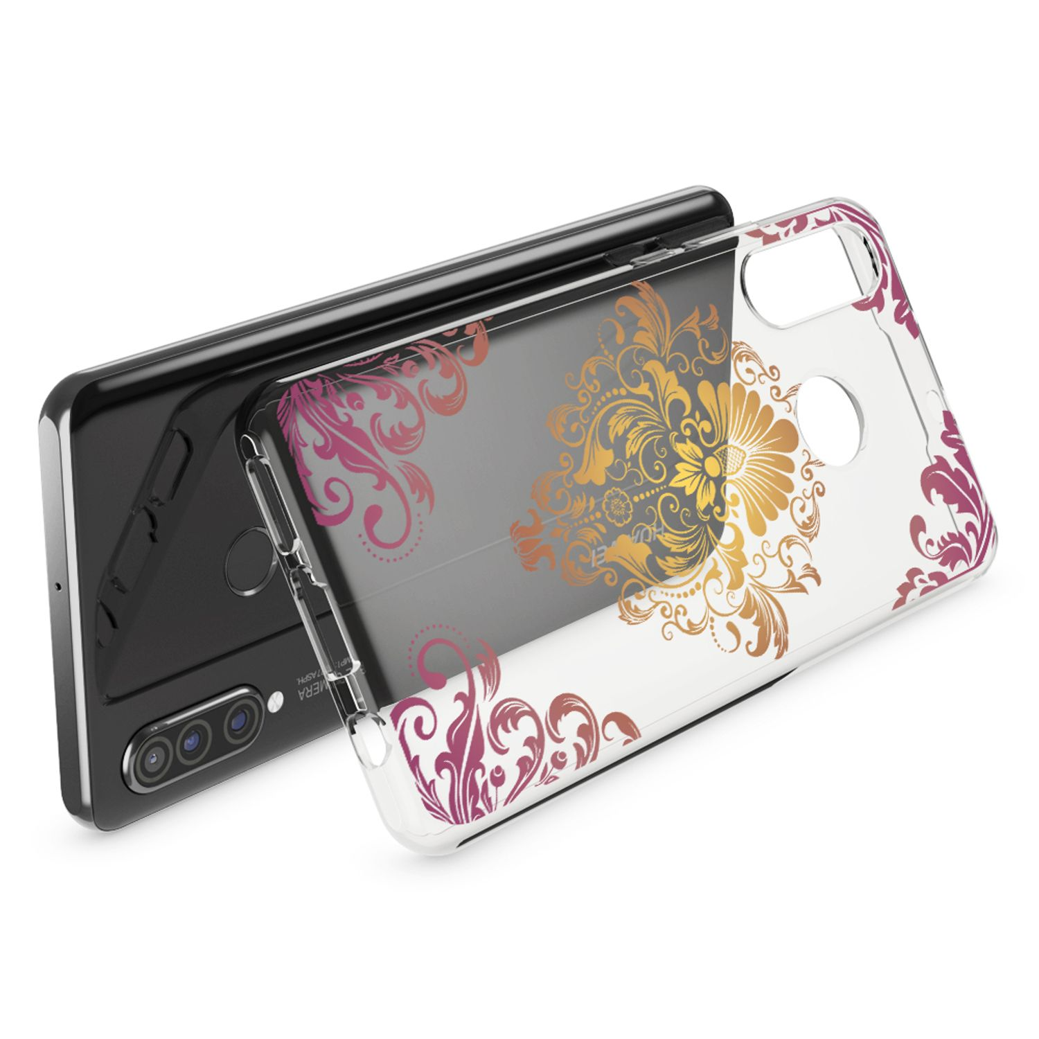 Uno smartphone nero con custodia trasparente con disegno floreale ornato oro e rosa.