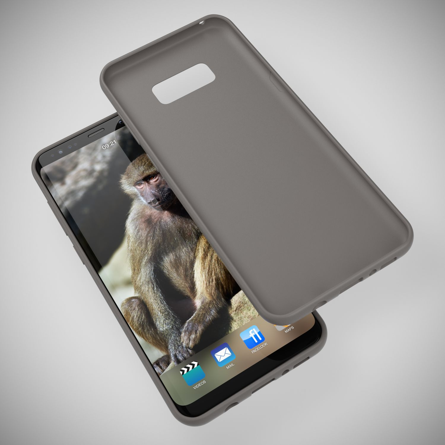 Graue Handyhülle über einem Smartphone mit Affenhintergrund.