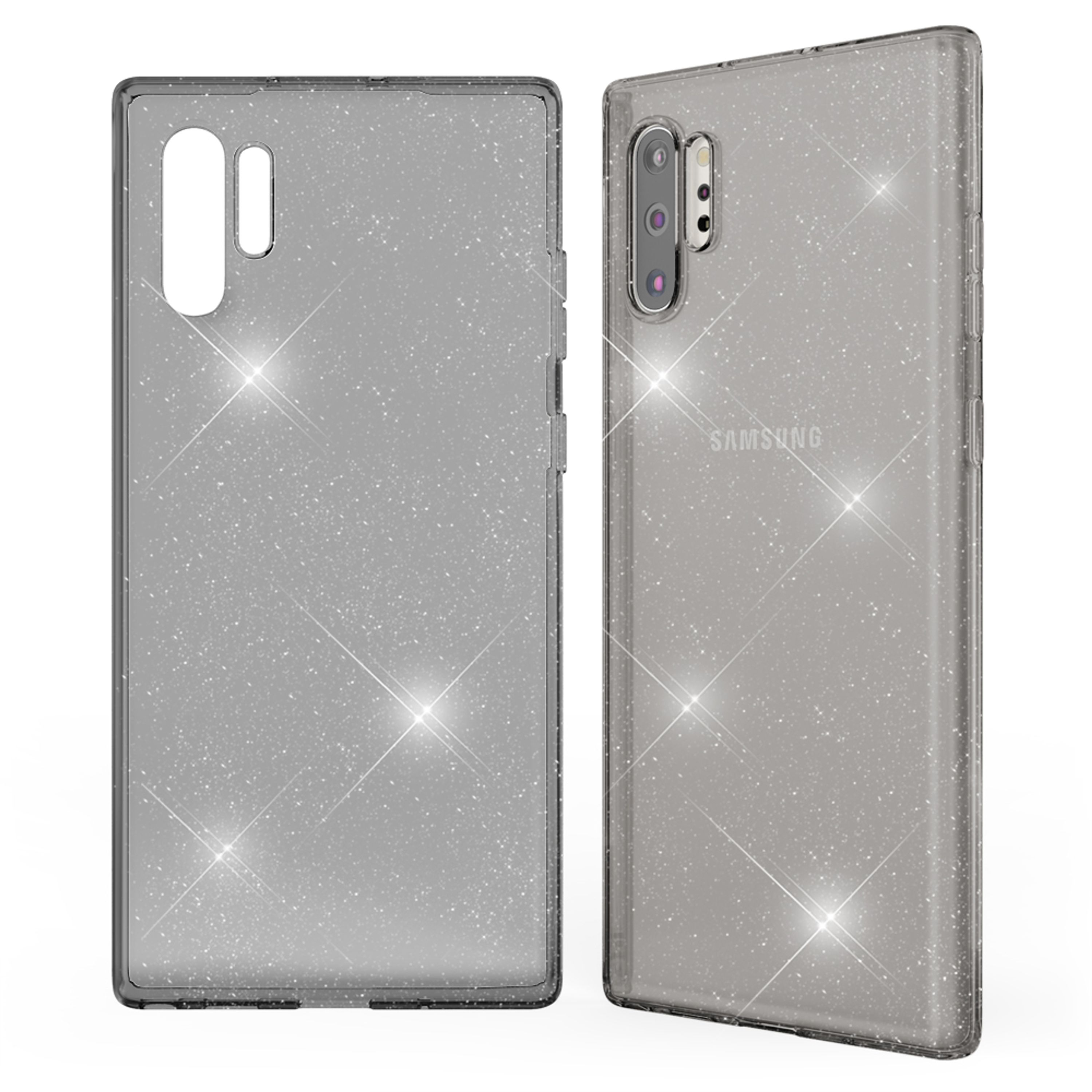 Graue Handyhülle mit Glitzerpartikeln, Vorder- und Rückansicht.