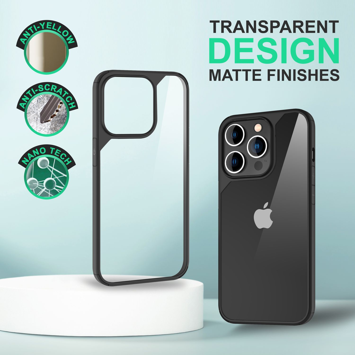 Funda transparente con etiquetas "Anti-Amarillo", "Anti-Rayaduras", "Nano Tech".