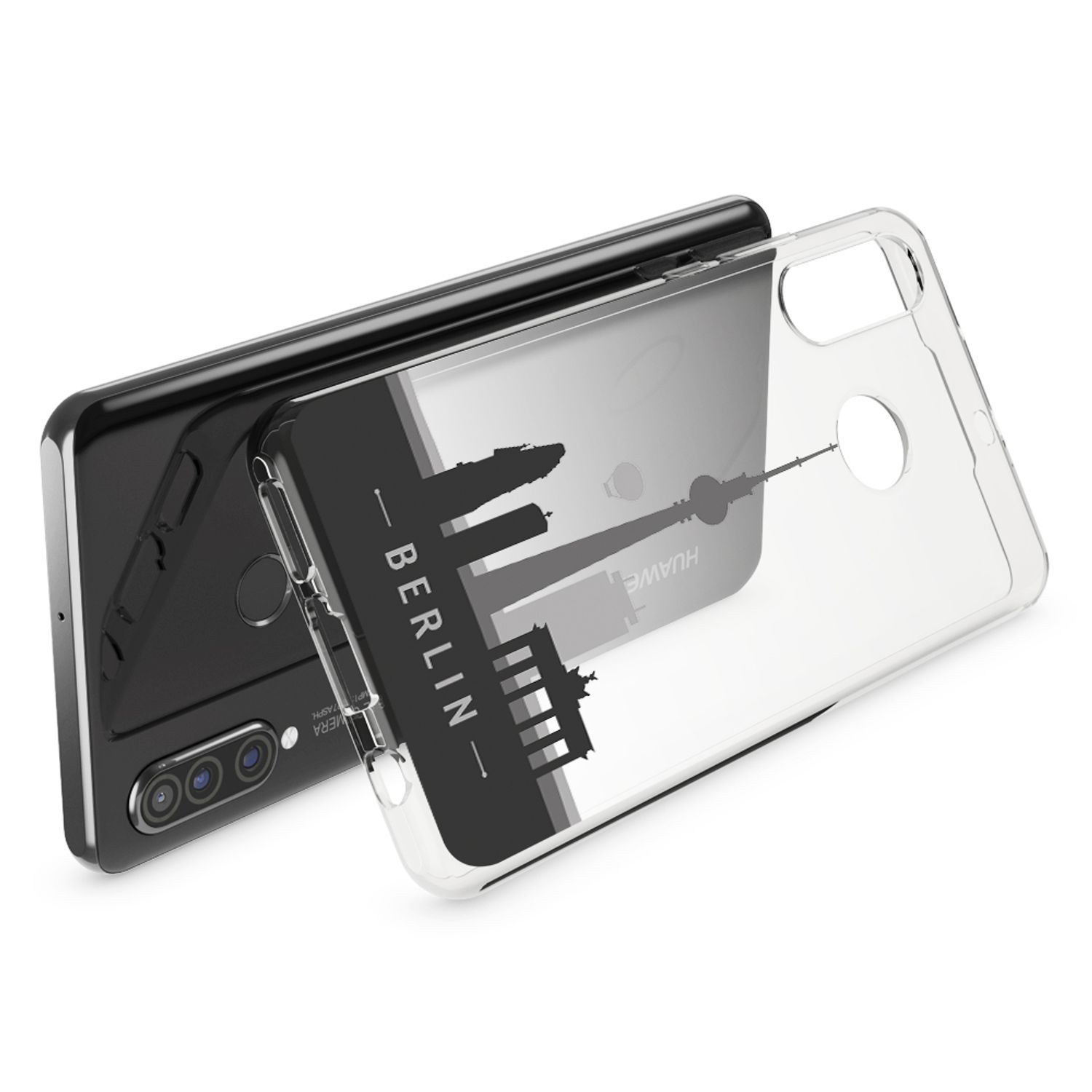 Una cover trasparente per telefono con stampa skyline di Berlino giace accanto a uno smartphone nero.