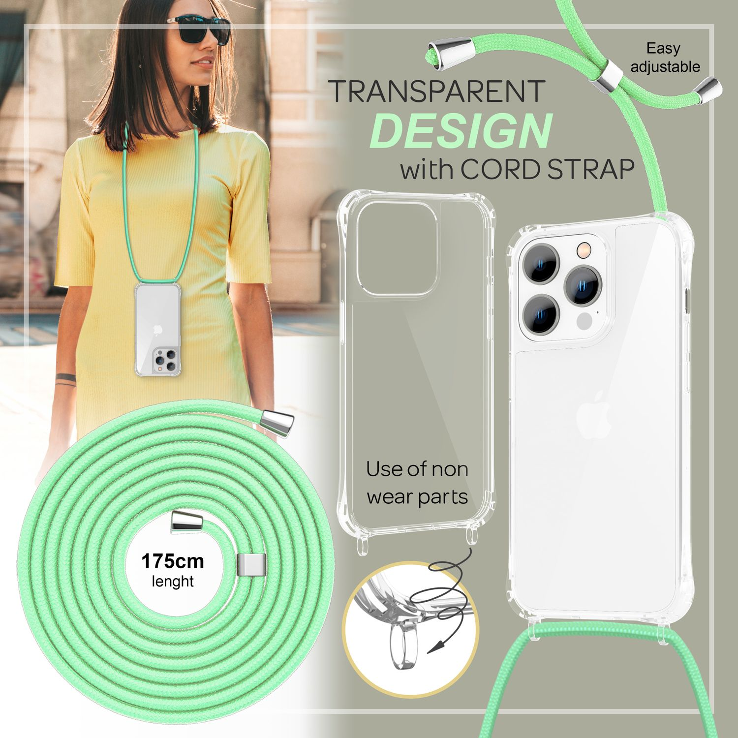 Transparente Handyhülle mit einem hellgrünen Band, 175 cm lang, verstellbar.