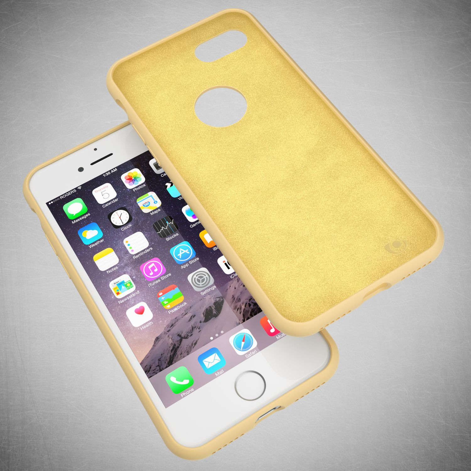 Eine goldene iPhone 7 Hülle wird neben einem weißen iPhone mit goldener Hülle gezeigt.