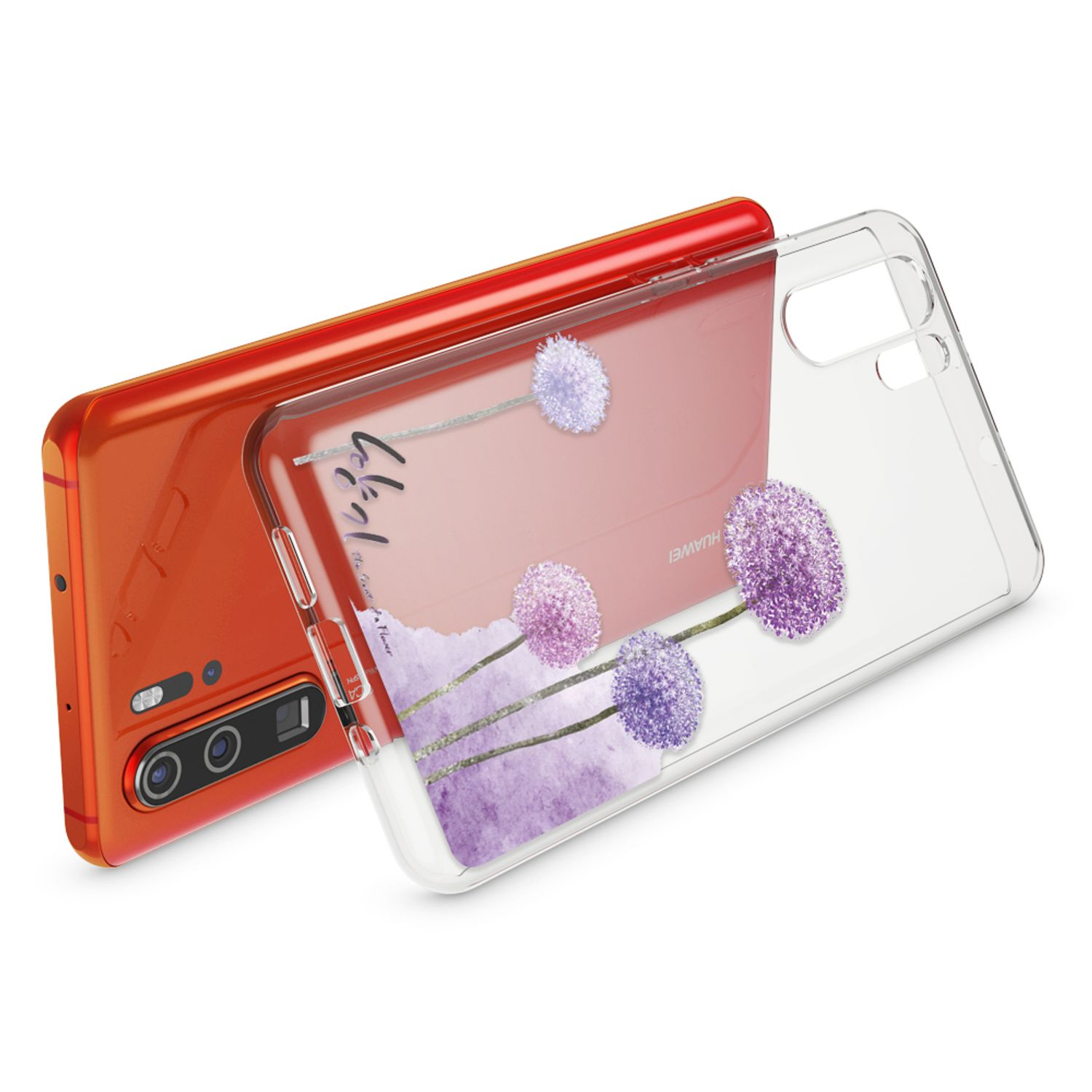 Uno smartphone arancione con custodia trasparente con design floreale viola.