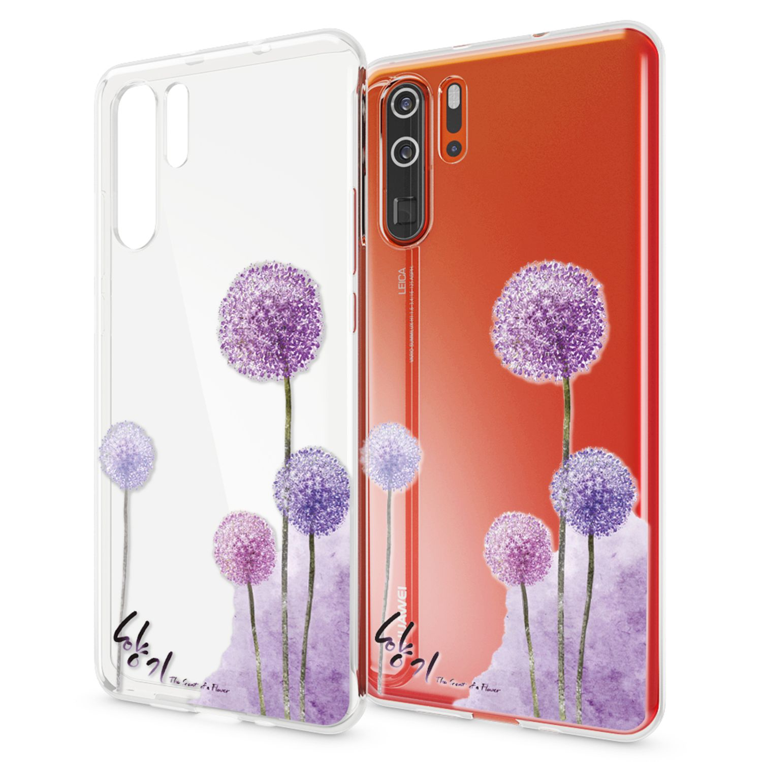 Due custodie trasparenti per telefono con fiori viola su sfondi bianco e rosso.