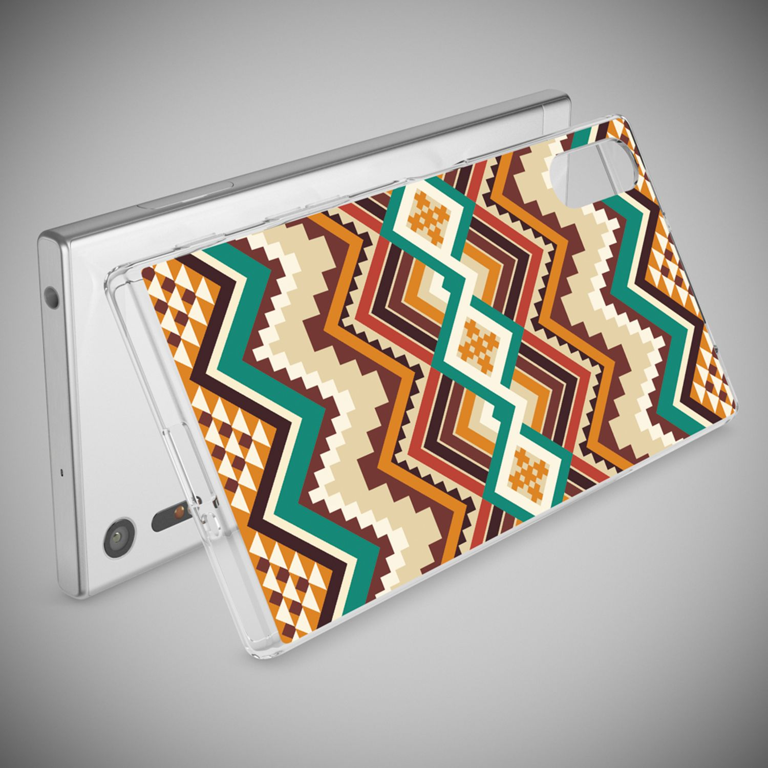 Ein Smartphone mit einer durchsichtigen Hülle mit einem geometrischen Muster in Braun-, Beige- und Türkistönen.