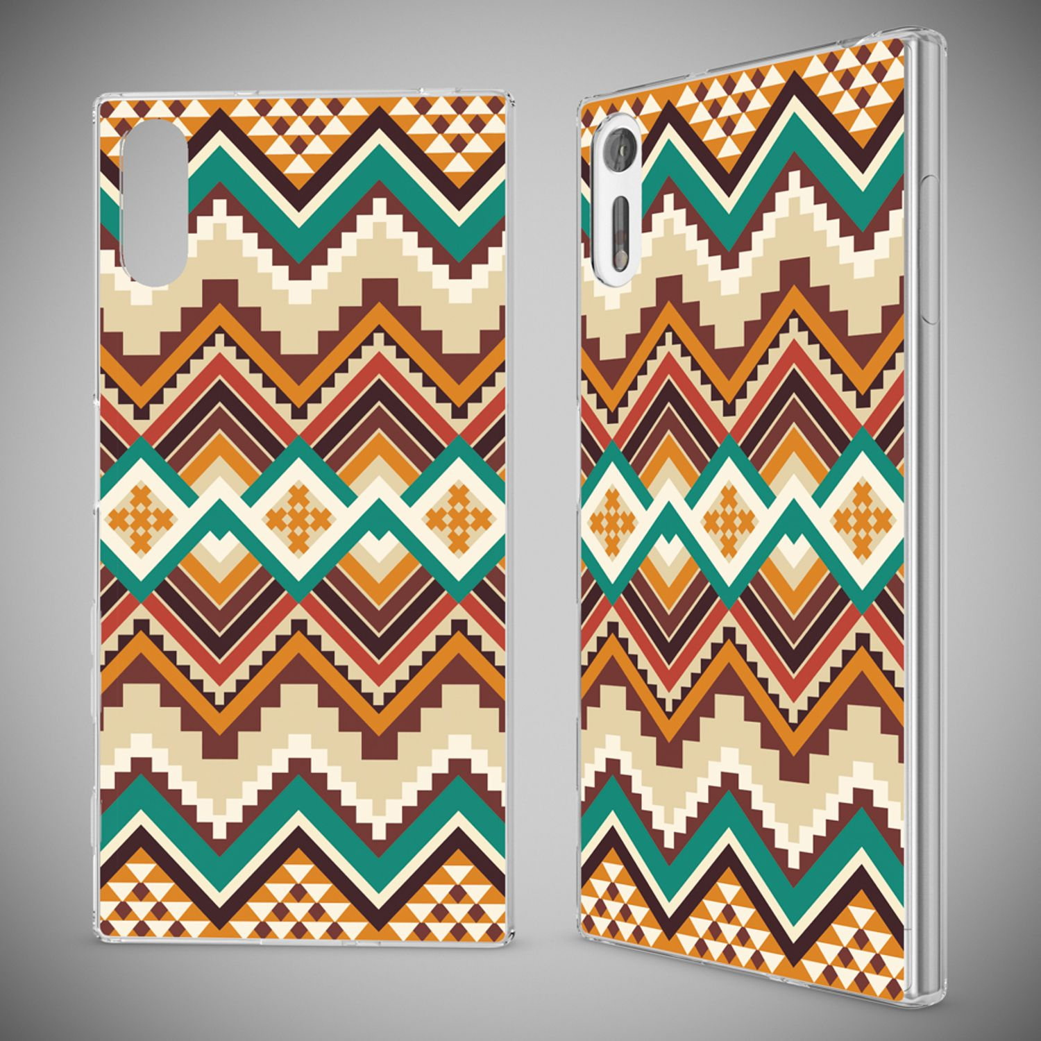 Zwei Handyhüllen mit einem geometrischen Muster in Braun-, Beige-, Türkis- und Orangetönen.