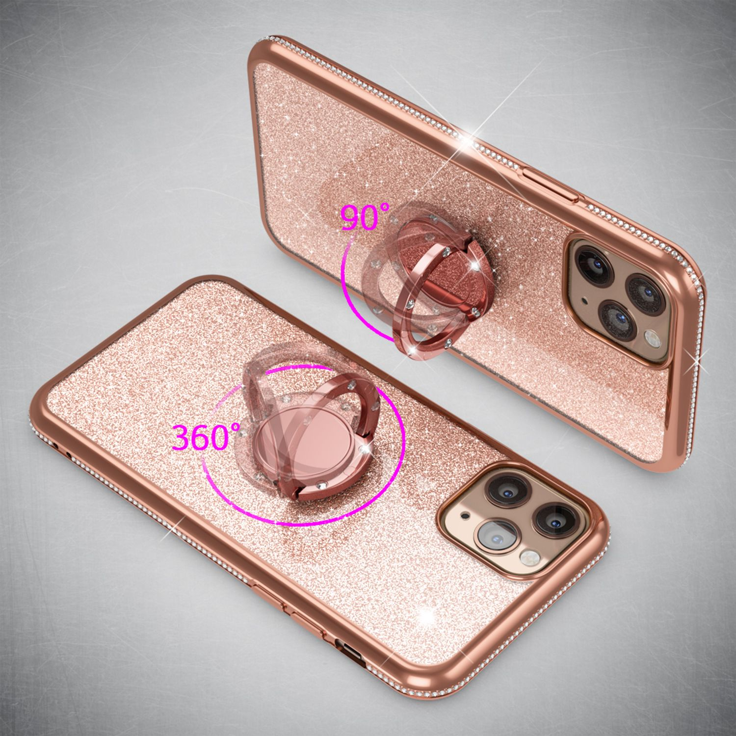 Roségoldene Handyhüllen mit Glitzer und Ringhaltern, die 360 und 90 Grad Drehung zeigen.