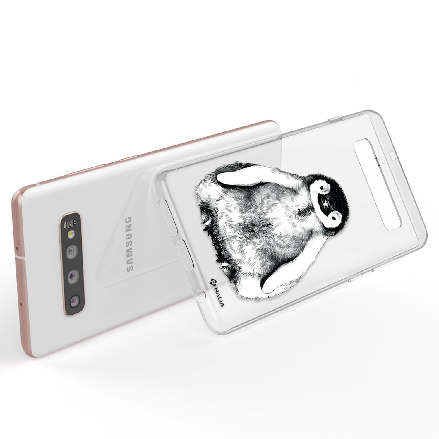 Ein Samsung Handy mit einer transparenten Hülle mit Pinguin-Aufdruck.
