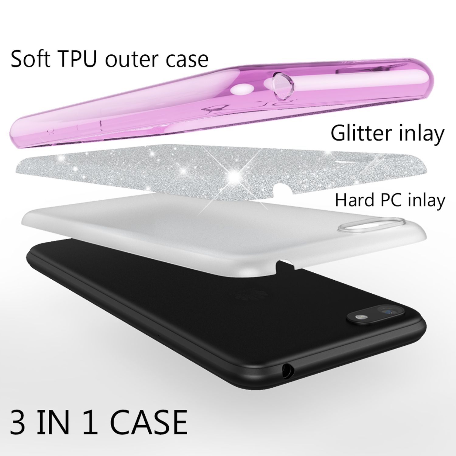Vista esplosa di una cover per telefono 3 in 1: TPU morbido, inserto glitterato e PC rigido.