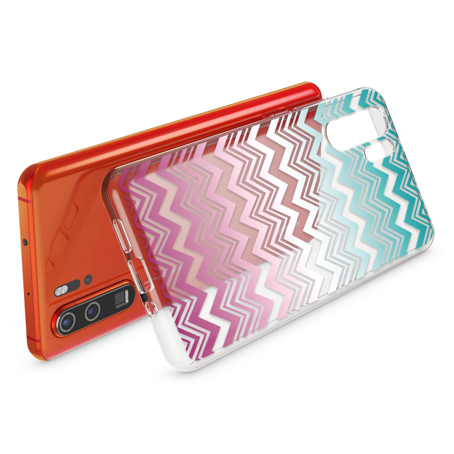 Uno smartphone arancione con custodia trasparente a zig-zag.
