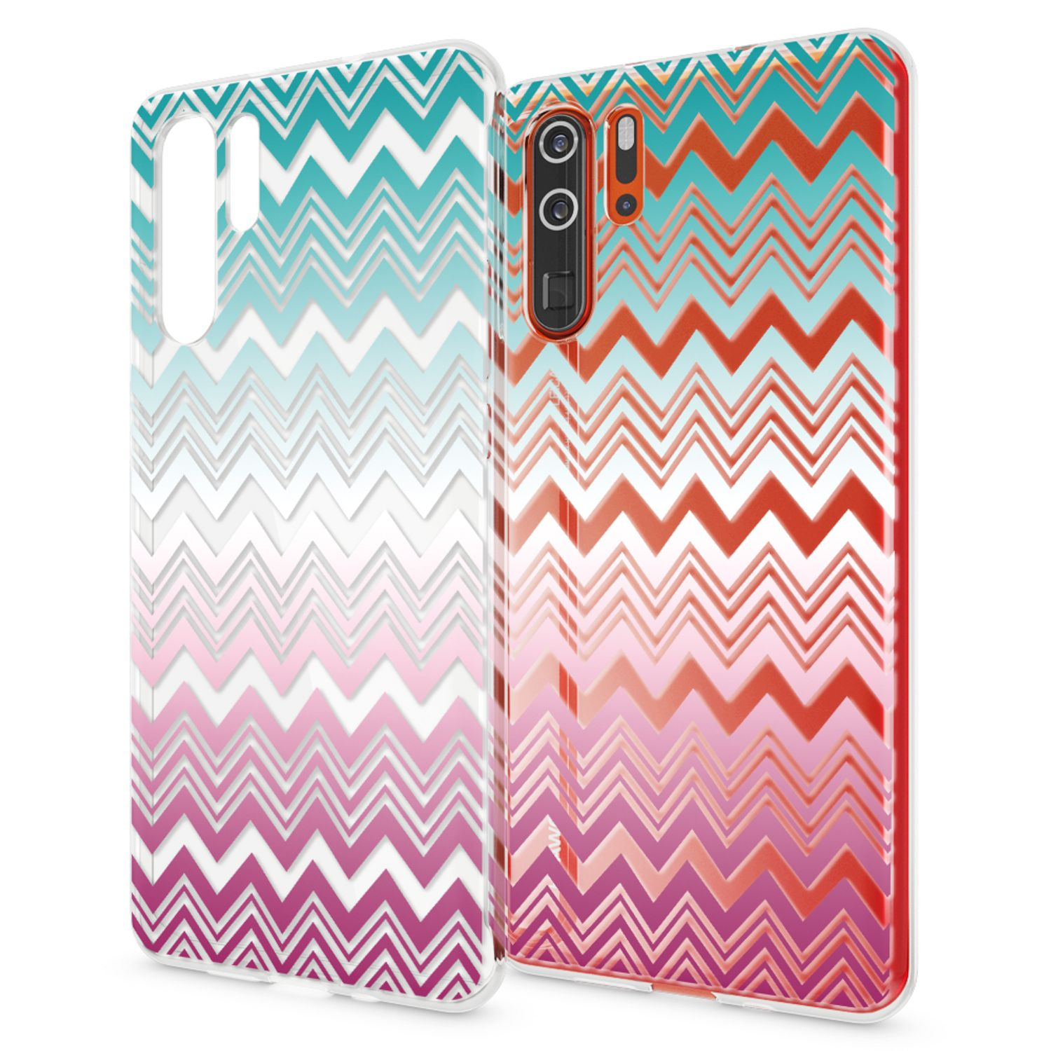 Due custodie per telefono con un motivo a zigzag colorato nei toni del blu, rosa e rosso.