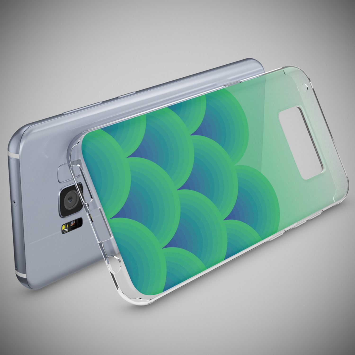 Ein Smartphone mit einer Schutzhülle mit grün-blauen Kreismuster.