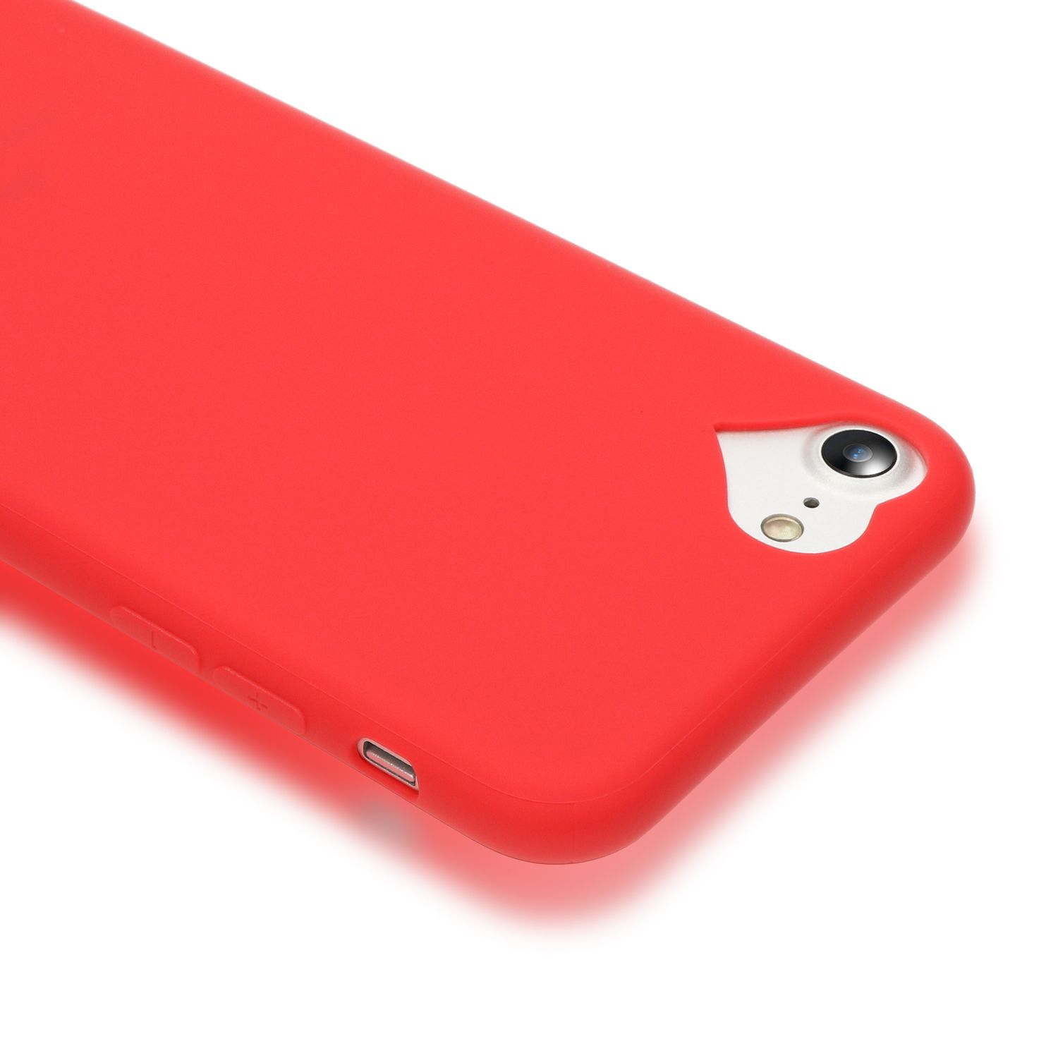 Custodia rossa per telefono con ritaglio fotocamera e pulsanti.