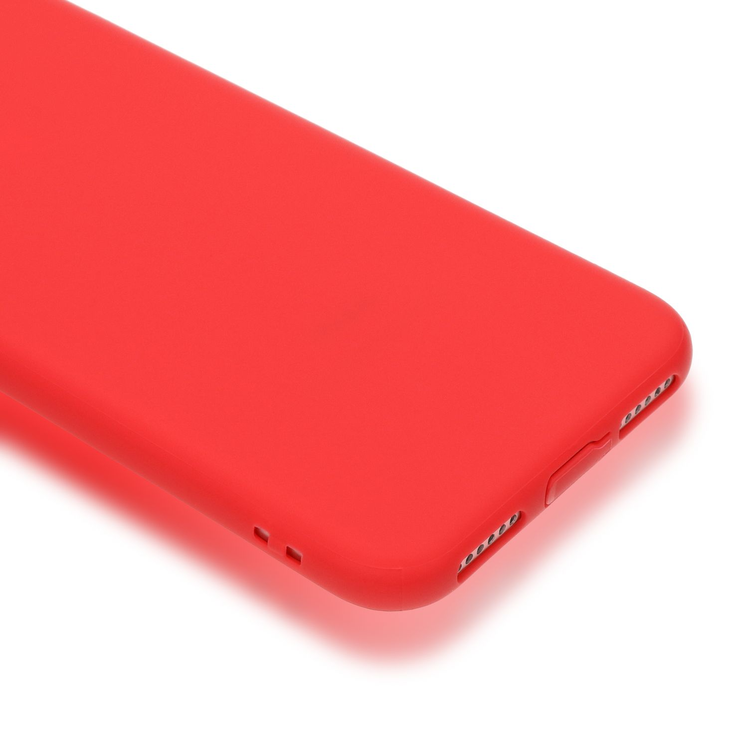 Cover rossa per telefono con ritagli per porta di ricarica e altoparlanti.