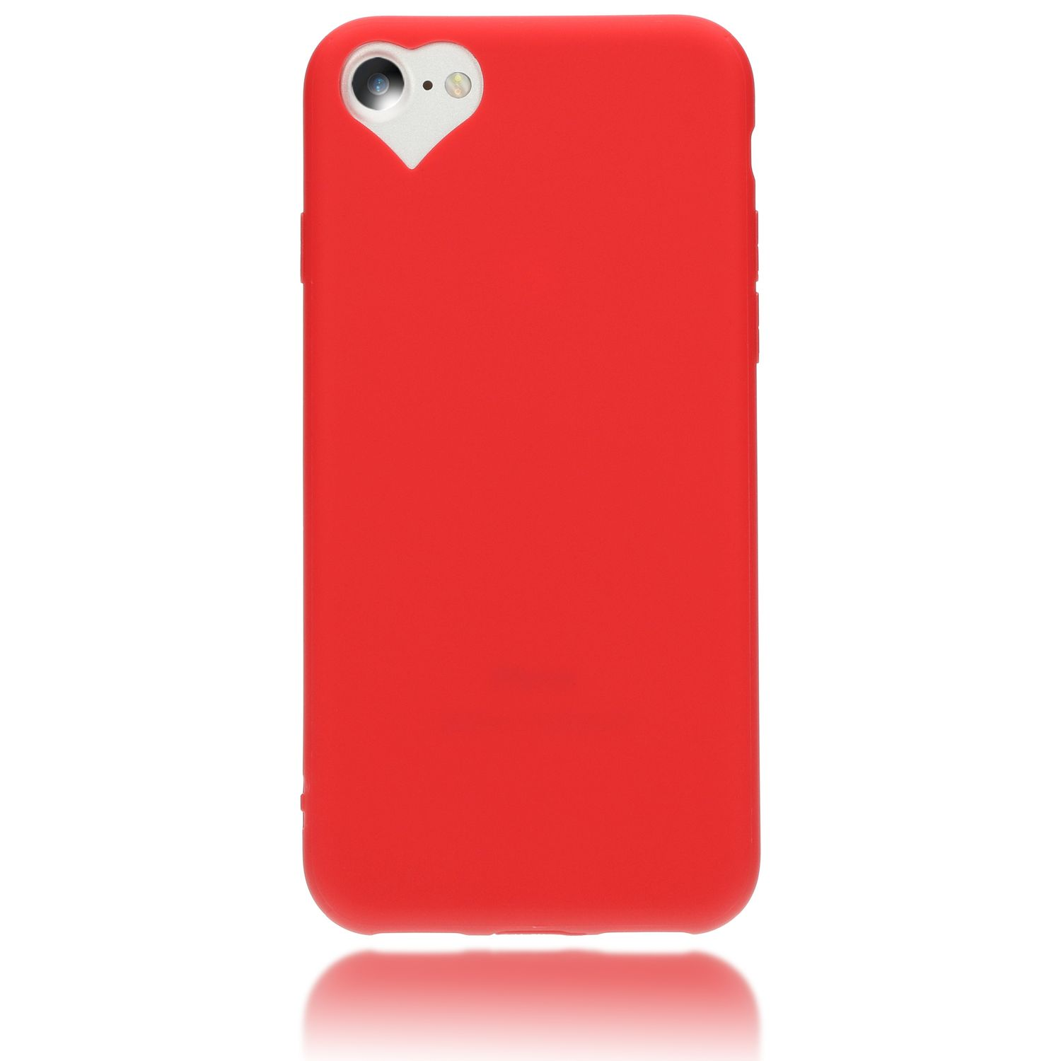 Cover rossa per telefono con ritaglio fotocamera a forma di cuore.
