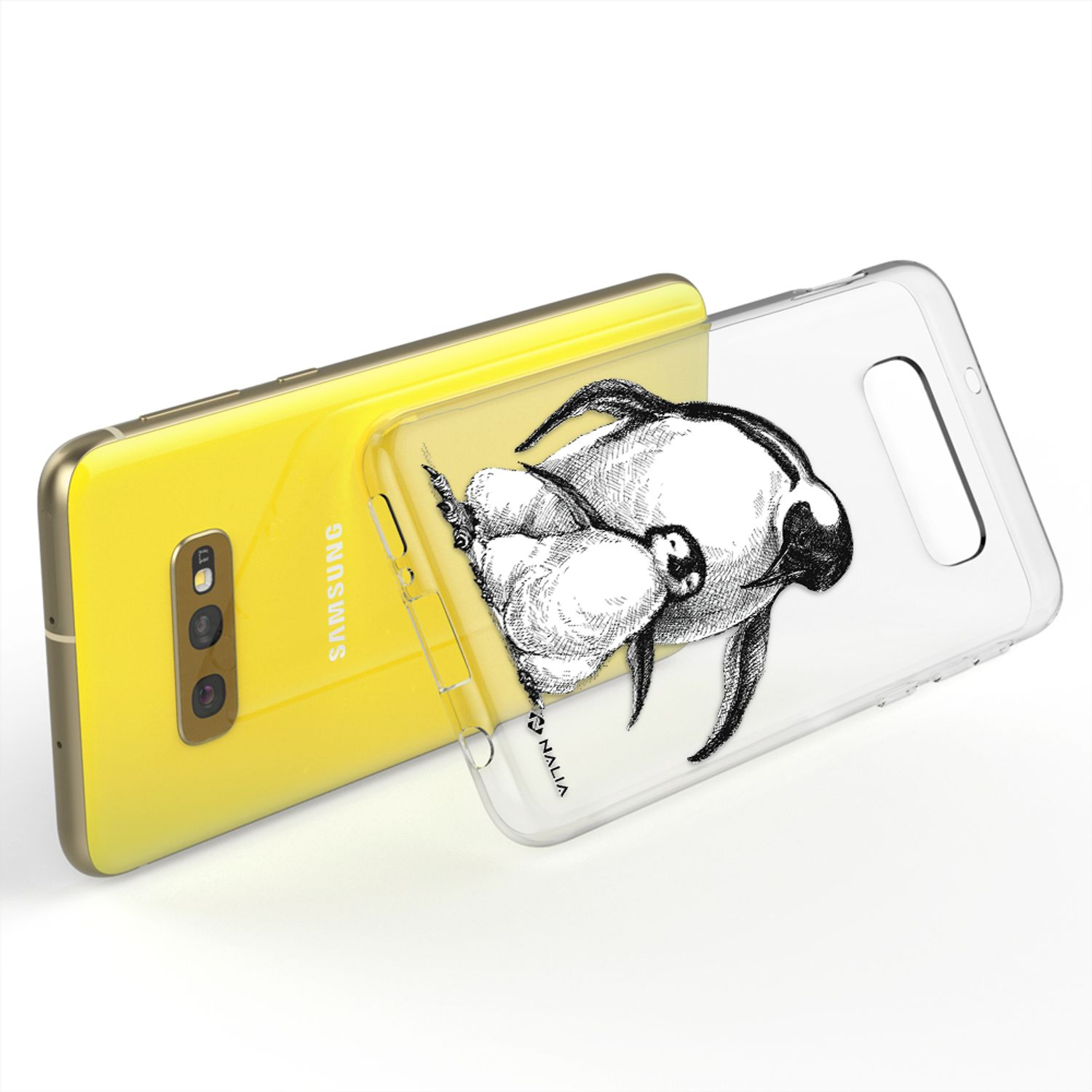 Gelbes Samsung-Smartphone mit transparentem Cover, das einen Hund im Comic-Stil zeigt.