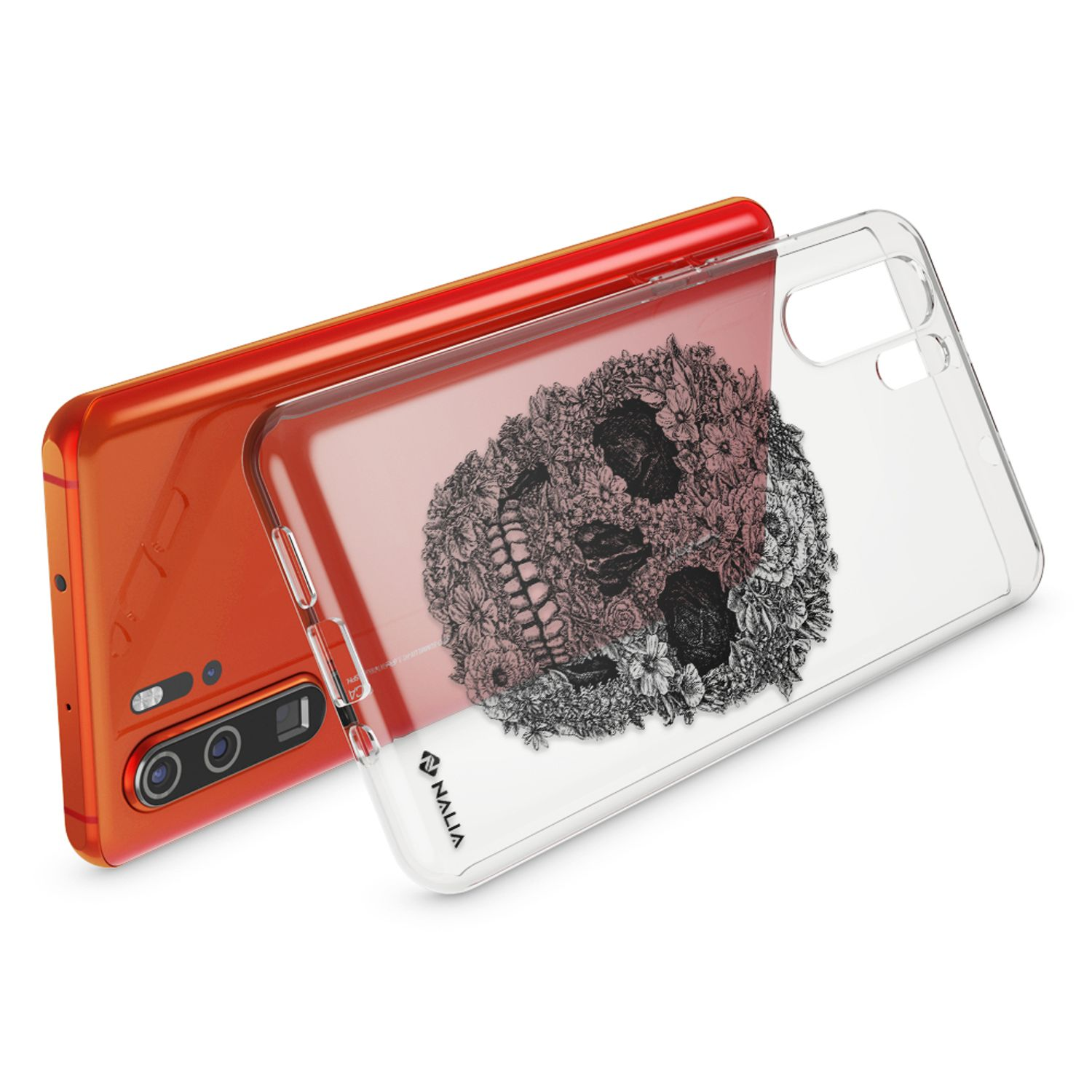 Telefono arancione con cover trasparente con design floreale a teschio.