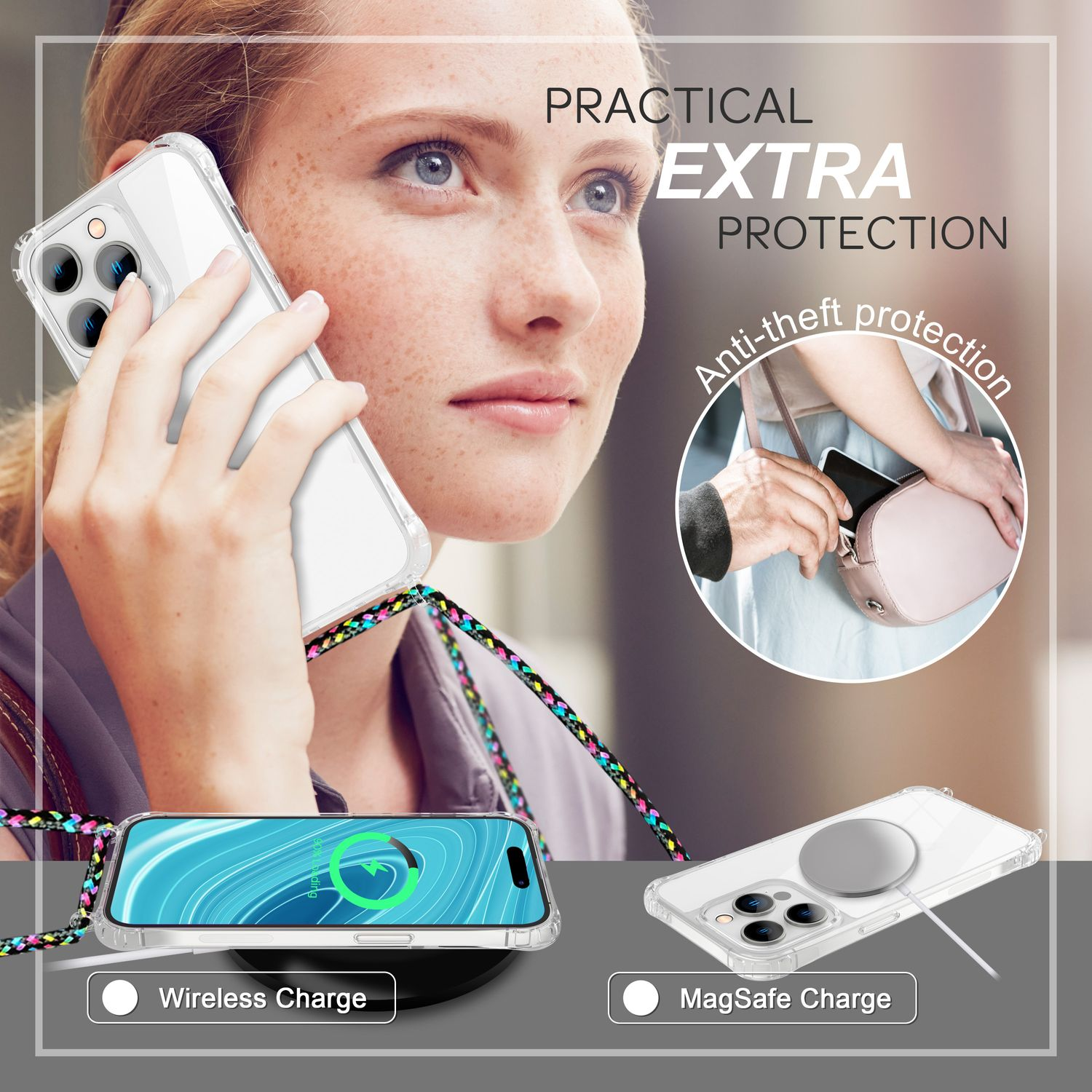 Frau hält Handy mit Riemen. Handy lädt kabellos und mit MagSafe.