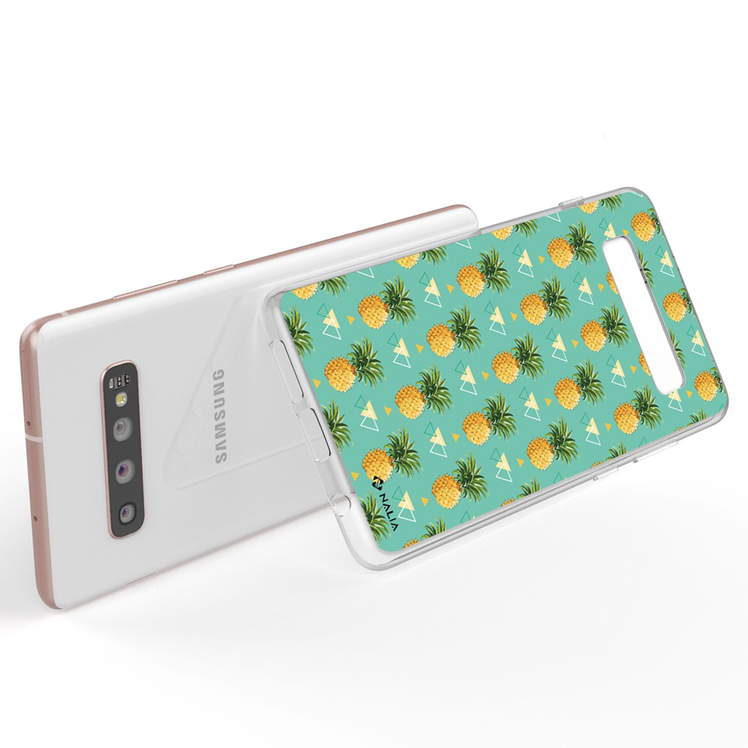 Ein Samsung-Smartphone mit einer Hülle mit Ananasmuster.