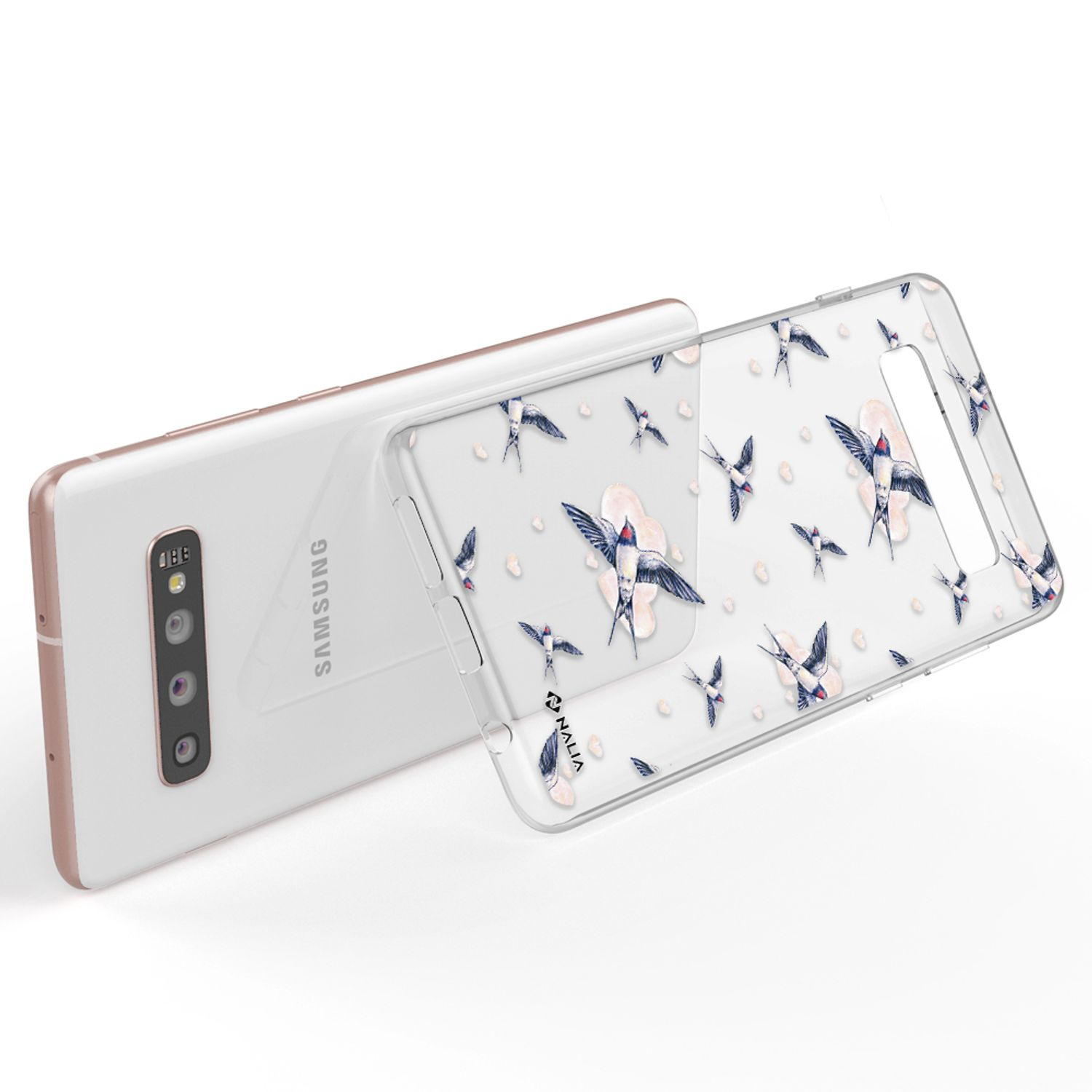 Transparente Handyhülle mit Schwalbenmuster auf einem weißen Samsung-Telefon.