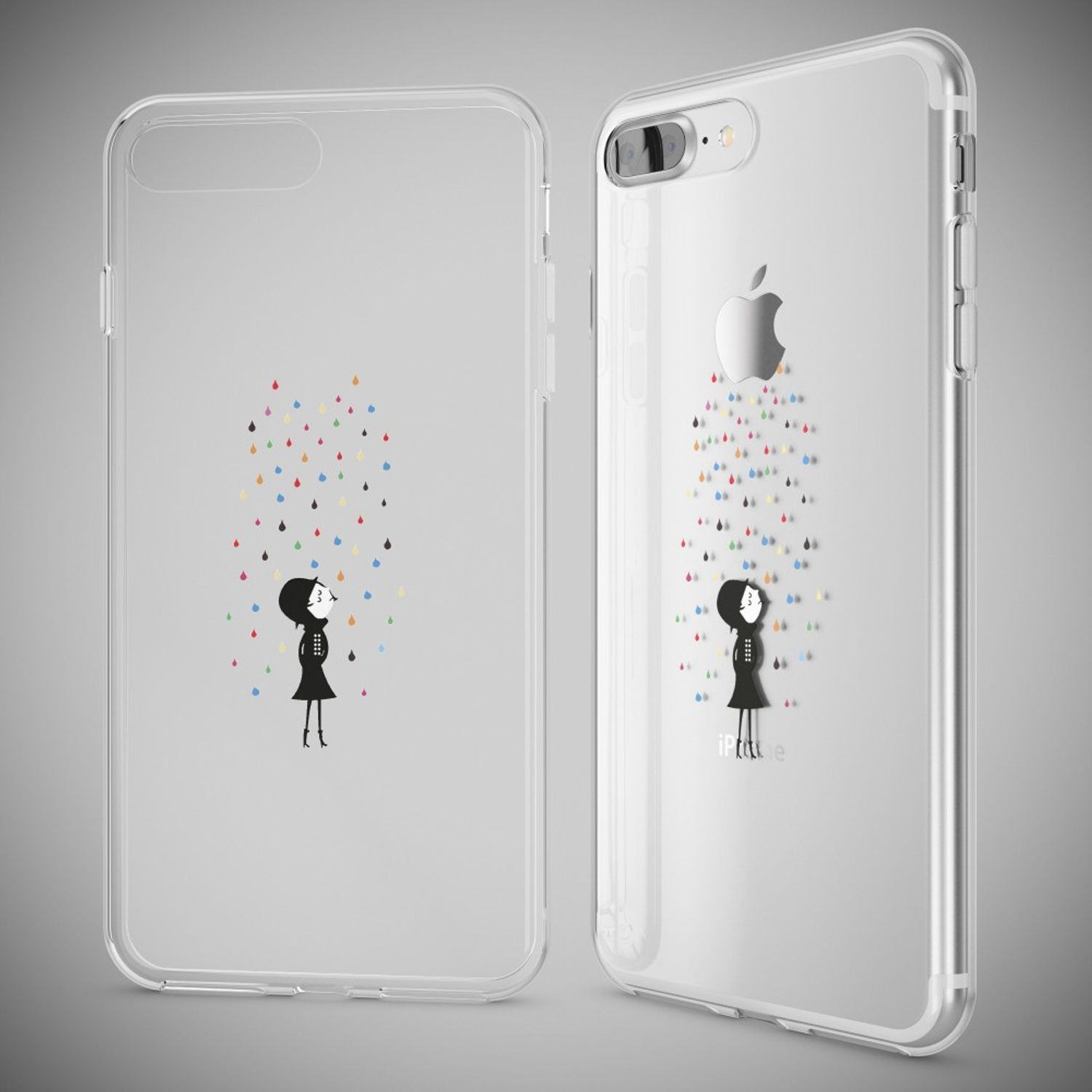 Zwei transparente Handyhüllen mit einem Regenmotiv und einer Figur.