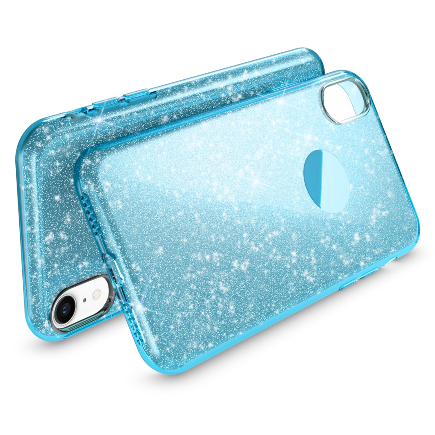 Due custodie per cellulare blu glitterate su sfondo bianco.