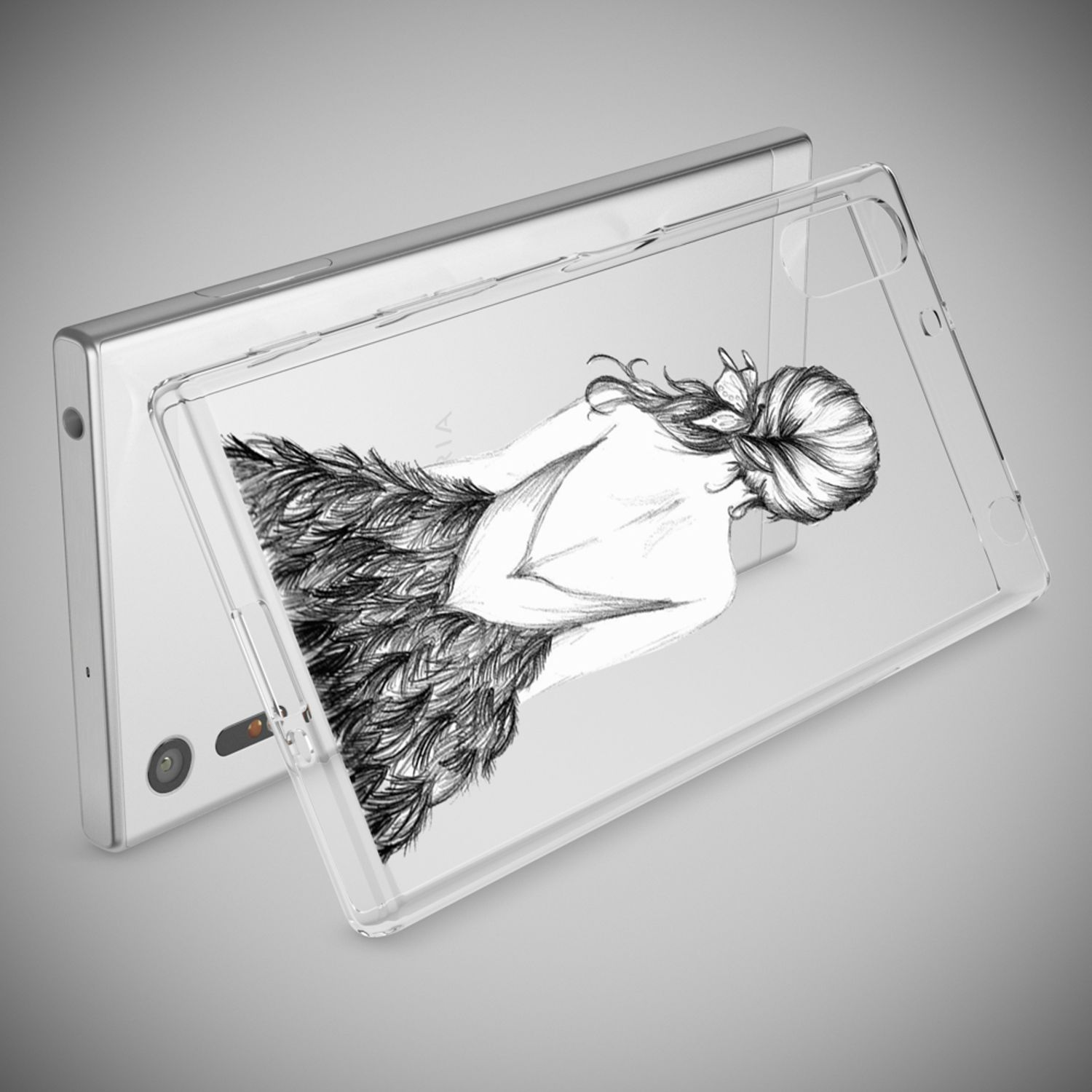 Ein Smartphone mit einer durchsichtigen Hülle, die eine Zeichnung einer Frau mit langen Haaren zeigt.