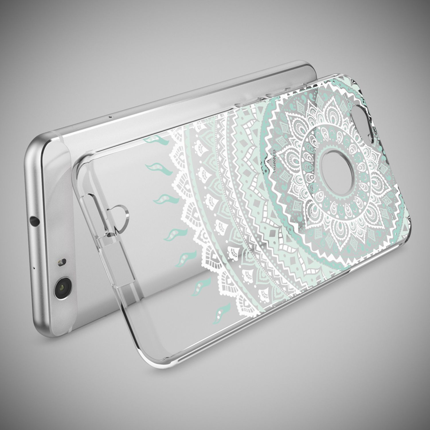 Eine durchsichtige Handyhülle mit mintgrünem und weißem Mandala-Design auf einem silbernen Handy.